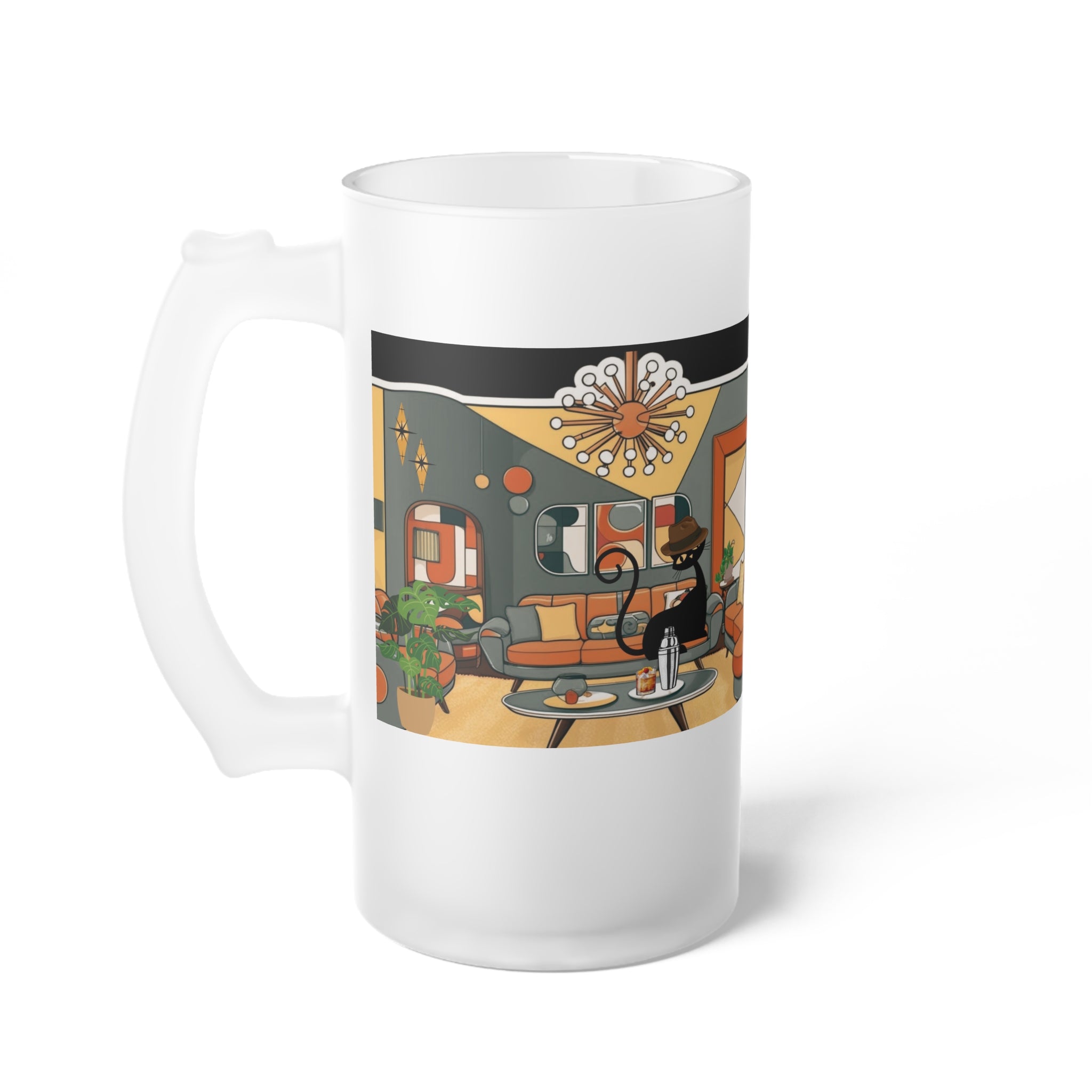 Mid Century Modern Cool Cat Mid Mod Man, Retro Glass Beer Mug Unique Gift For Dad - Mid Century Modern Gal