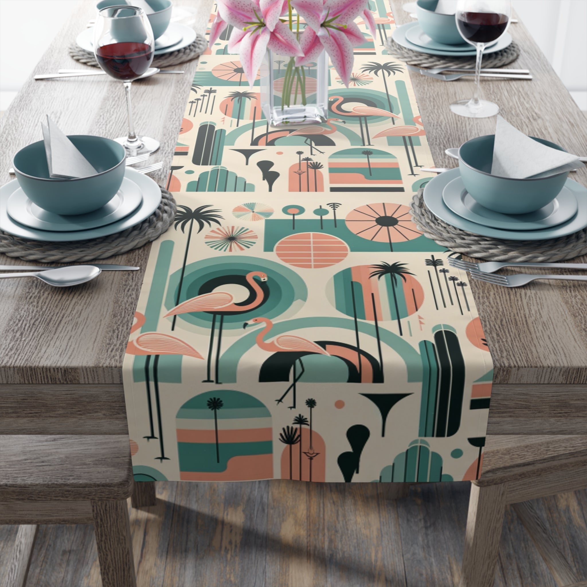 Palm Springs California Flamingo Mid Century Modern Pink, Aqua, MCM Table Runner - Mid Century Modern Gal