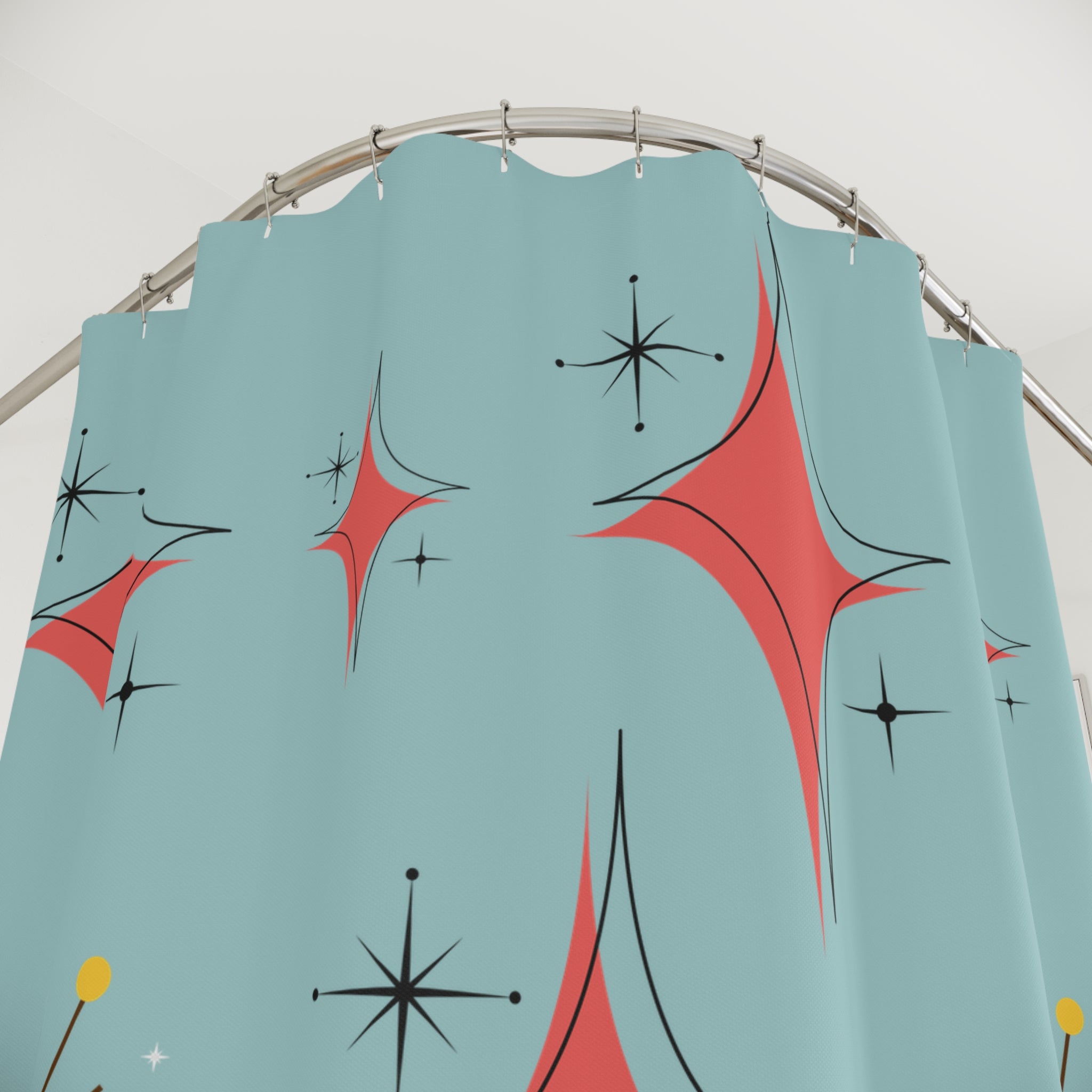 Mid Century Modern Atomic Starburst Diamond Coral, Misty Blue, Shower Curtain - Mid Century Modern Gal