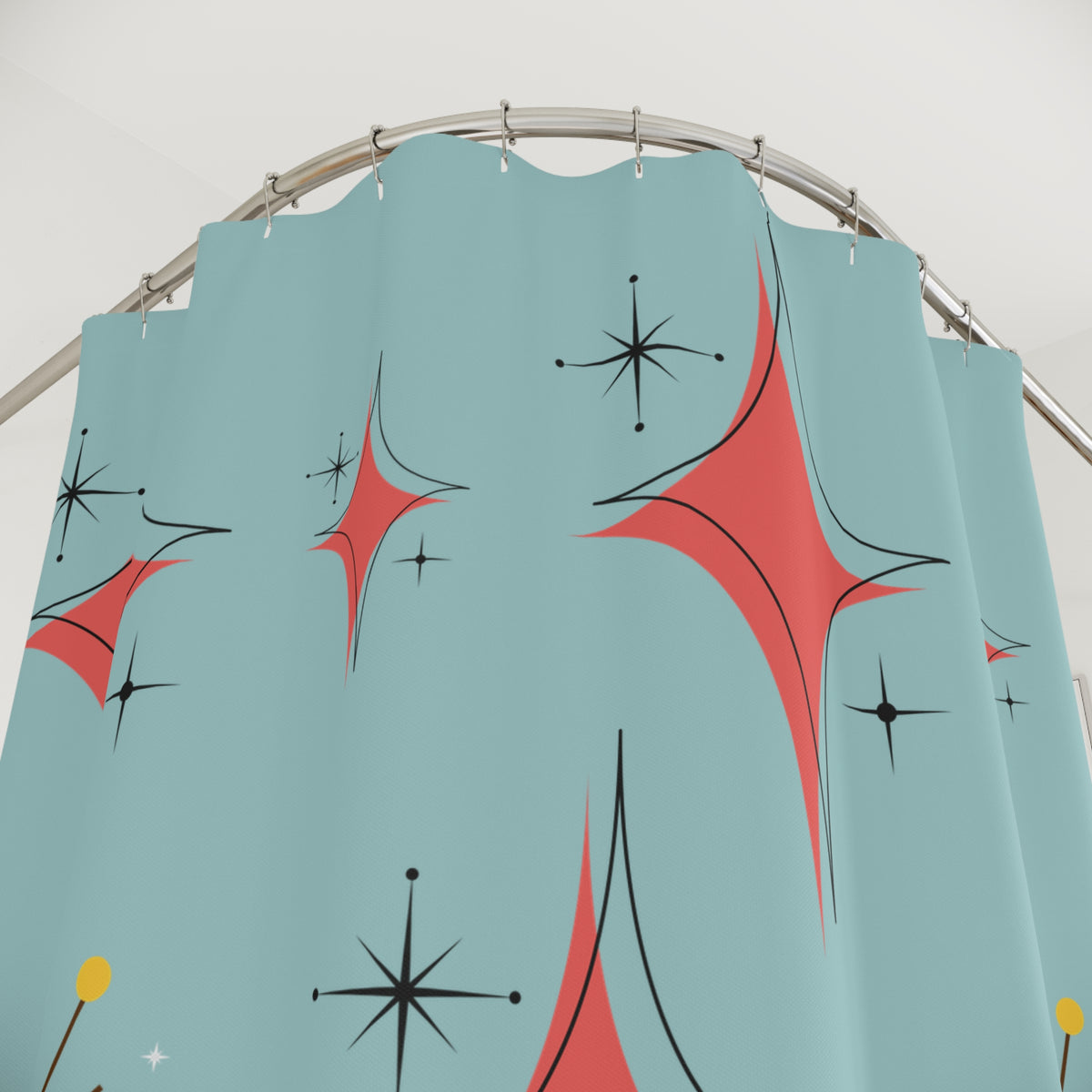 Mid Century Modern Atomic Starburst Diamond Coral, Misty Blue, Shower Curtain - Mid Century Modern Gal