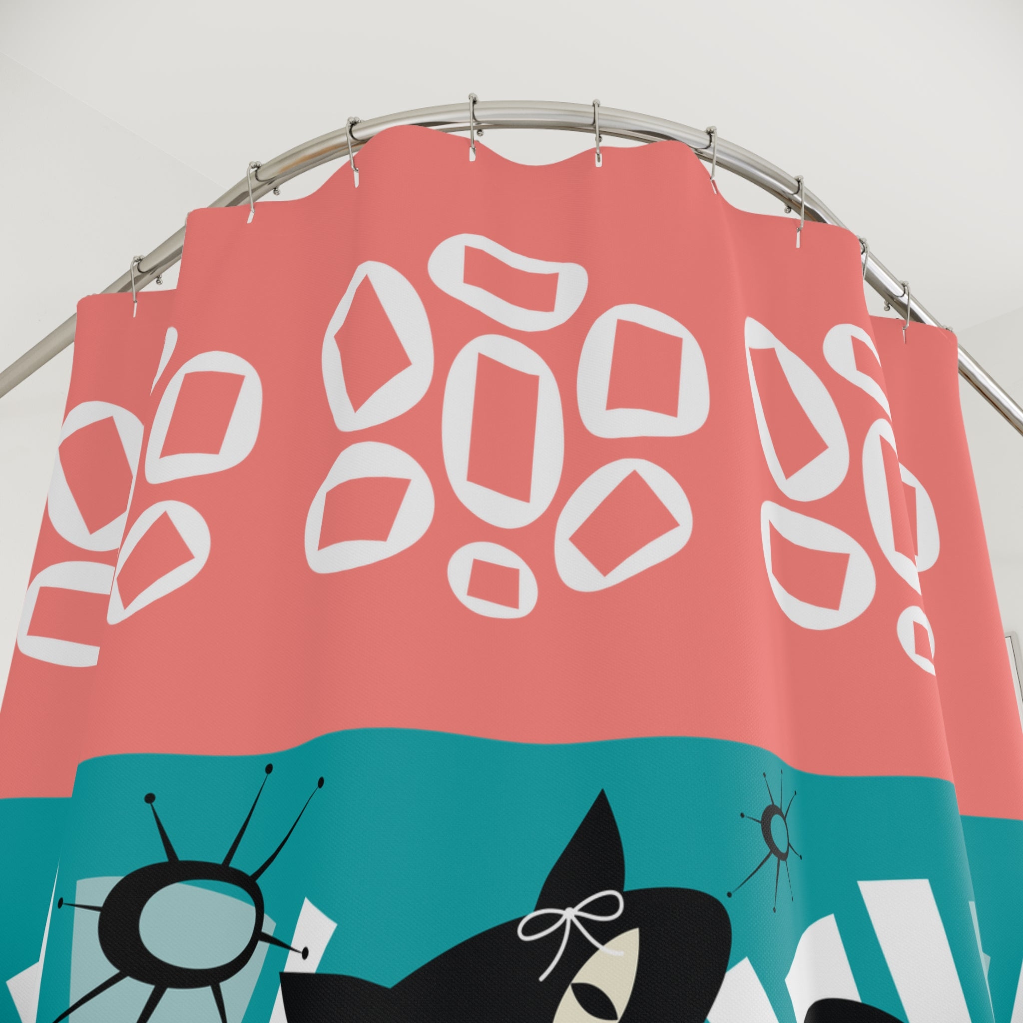Atomic Cat Mid Century Modern Coral, Teal Kitschy Cute Shower Curtain - Mid Century Modern Gal