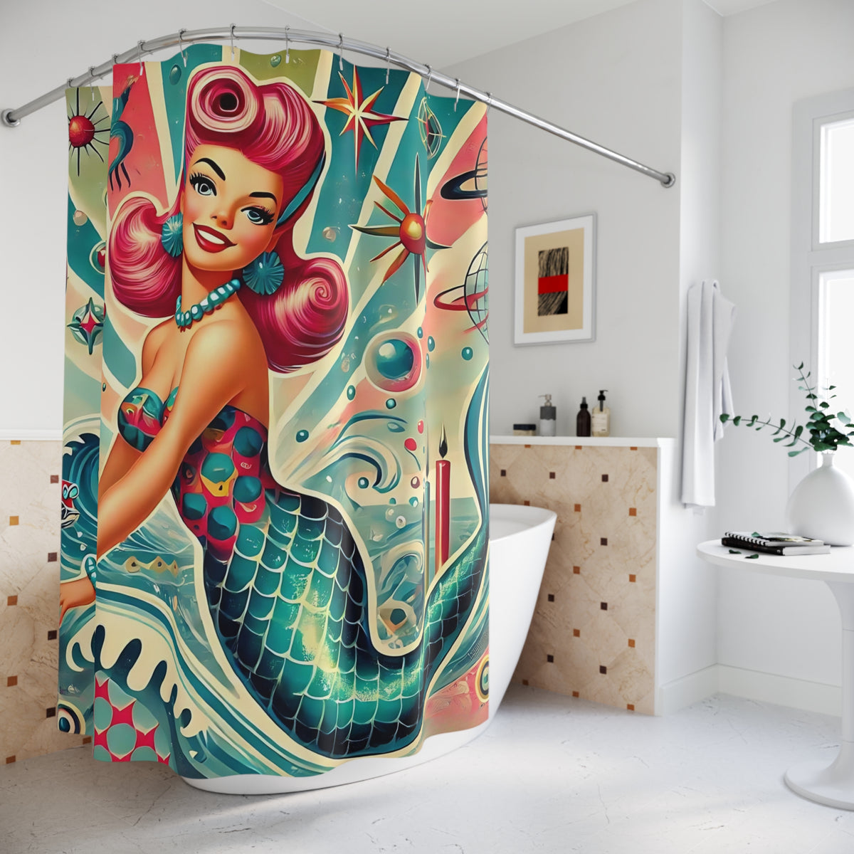 1950s Vintage Mermaid, Mid Century Modern Kitschy Shower Curtain - Mid Century Modern Gal