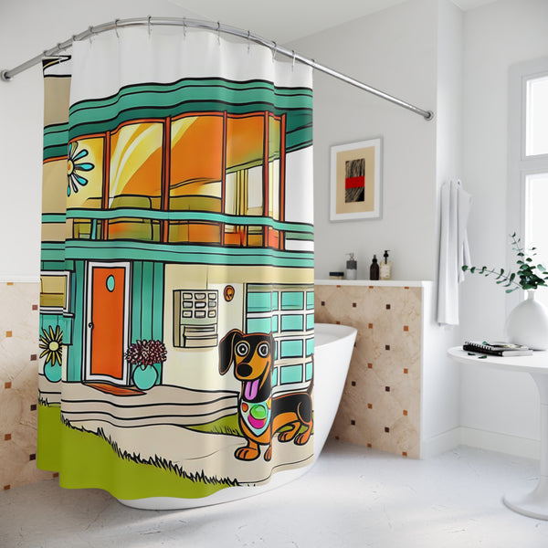 Doxie Dog Palm Spring California Mid Century Modern Kitschy Shower Curtain