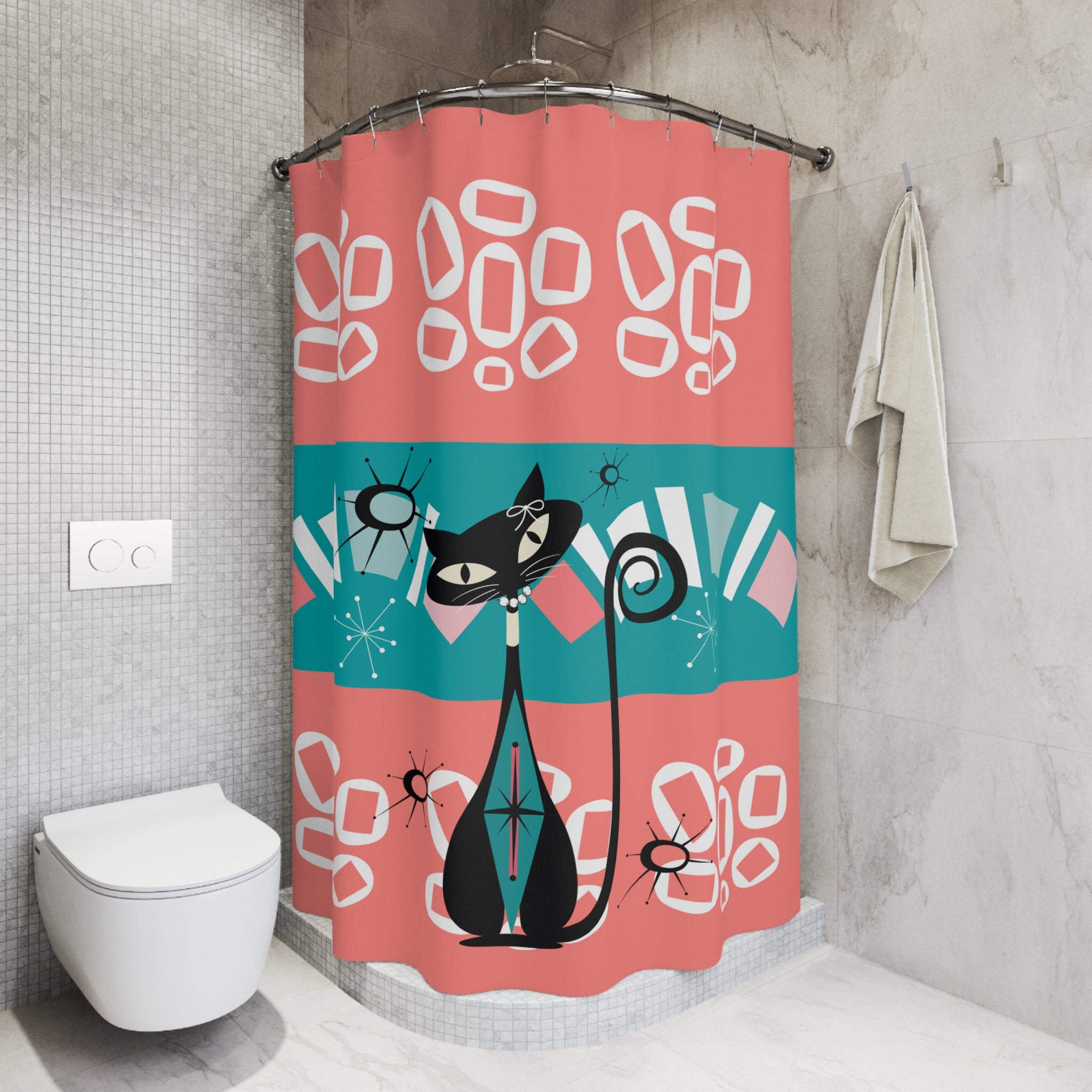Atomic Cat Mid Century Modern Coral, Teal Kitschy Cute Shower Curtain - Mid Century Modern Gal