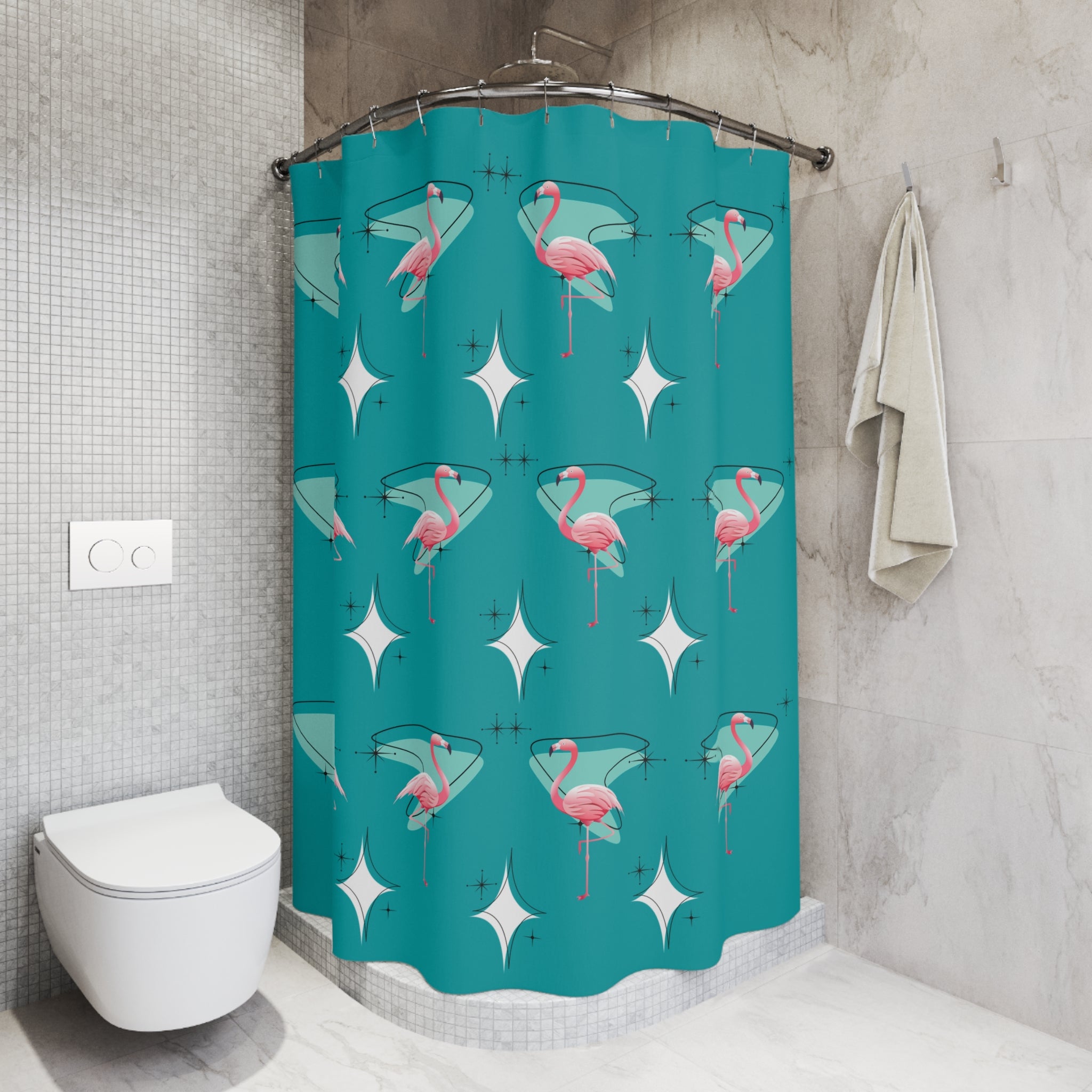 50s Palm Springs Cali Flamingo Shower Curtain In Teal And Pink Boomerang - Mid Century Modern Gal
