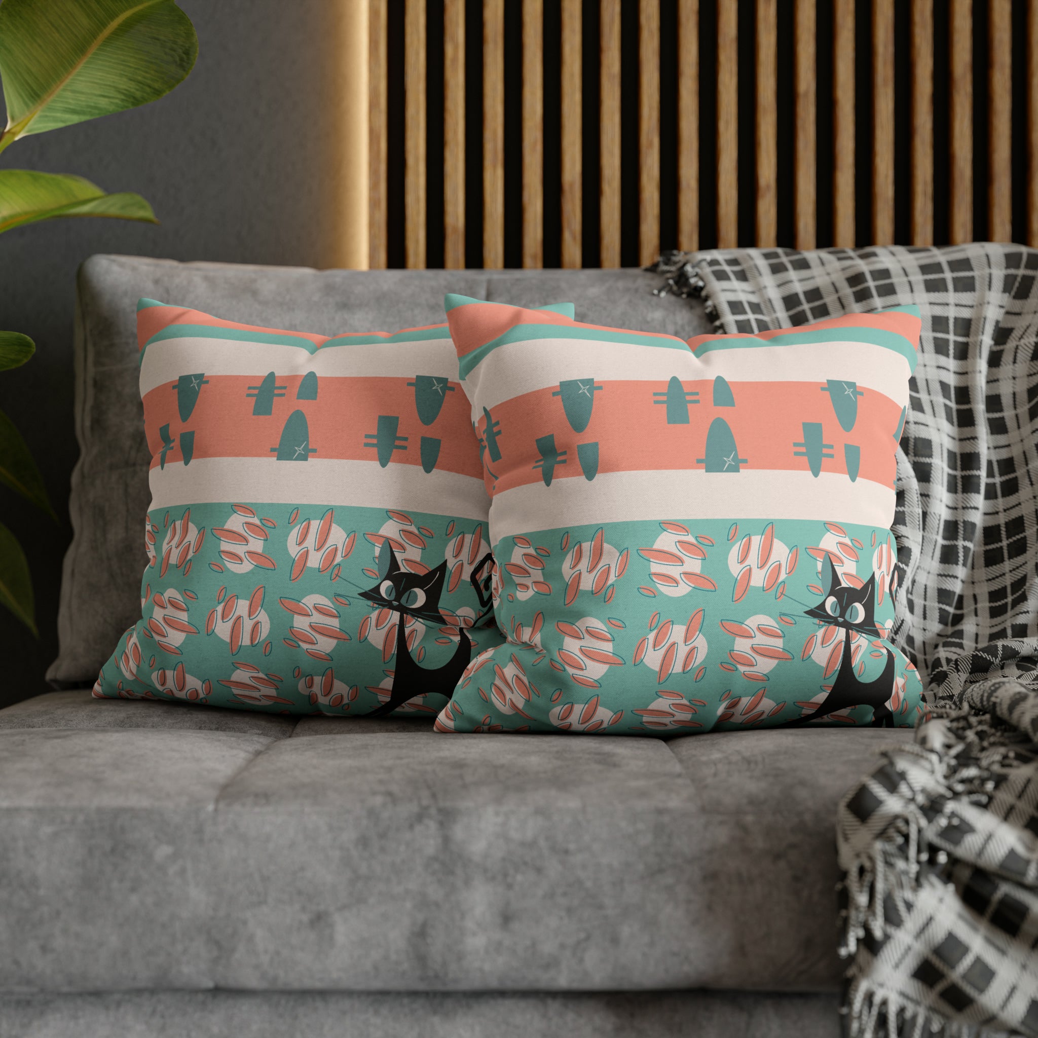 50s Nostalgic Atomic Cat Mid Century Modern Aqua, Coral Pink Peach, Kitschy Mid Century Modern Pillow Cover ONLY - Mid Century Modern Gal