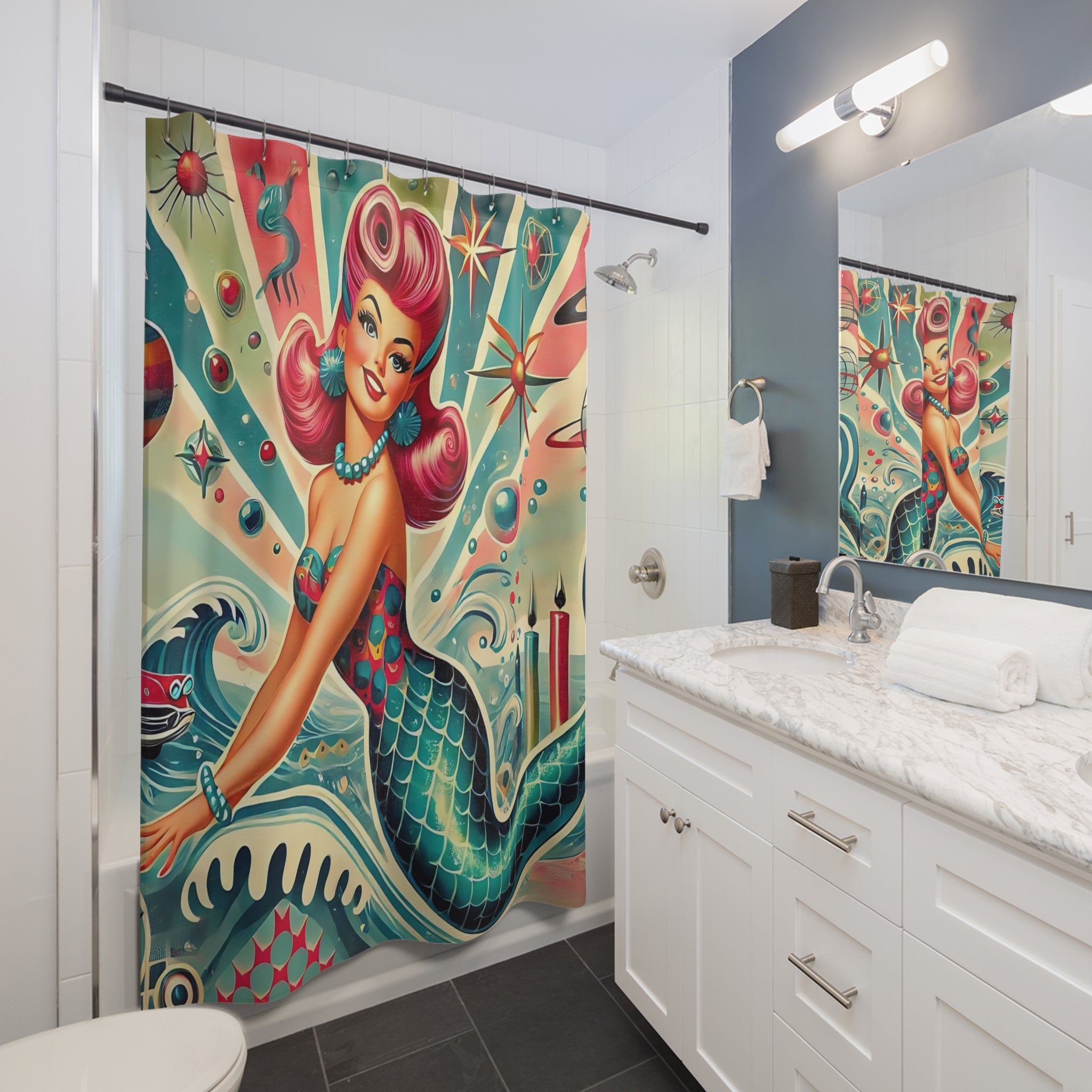 1950s Vintage Mermaid, Mid Century Modern Kitschy Shower Curtain - Mid Century Modern Gal