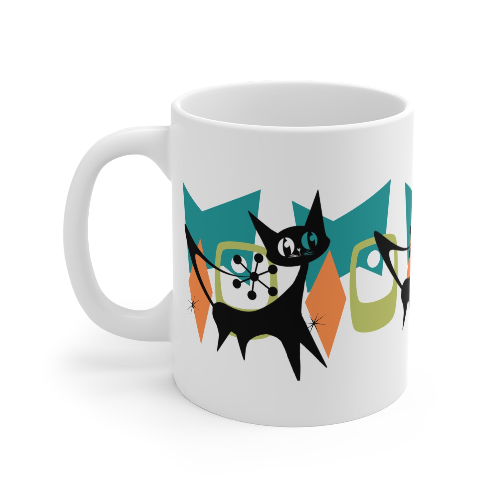 Atomic Cat Mid Century Modern Whimsical Cat Graphic Mug - 11oz Coffee Cup for Cat Lovers - Mid Century Modern Gal