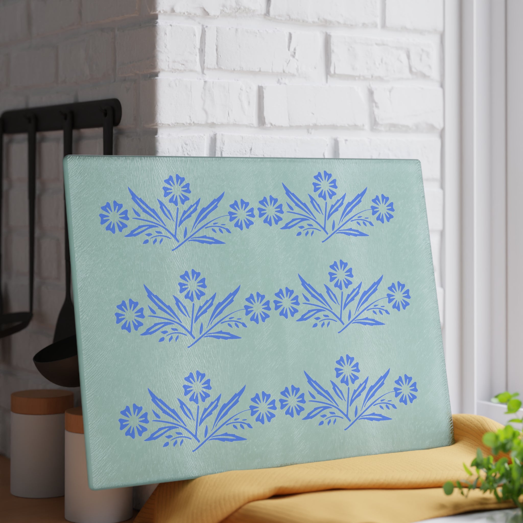 Blue Cornflower Kitschy Kitchen Coriningware Inspired Glass Cutting Board - Mid Century Modern Gal