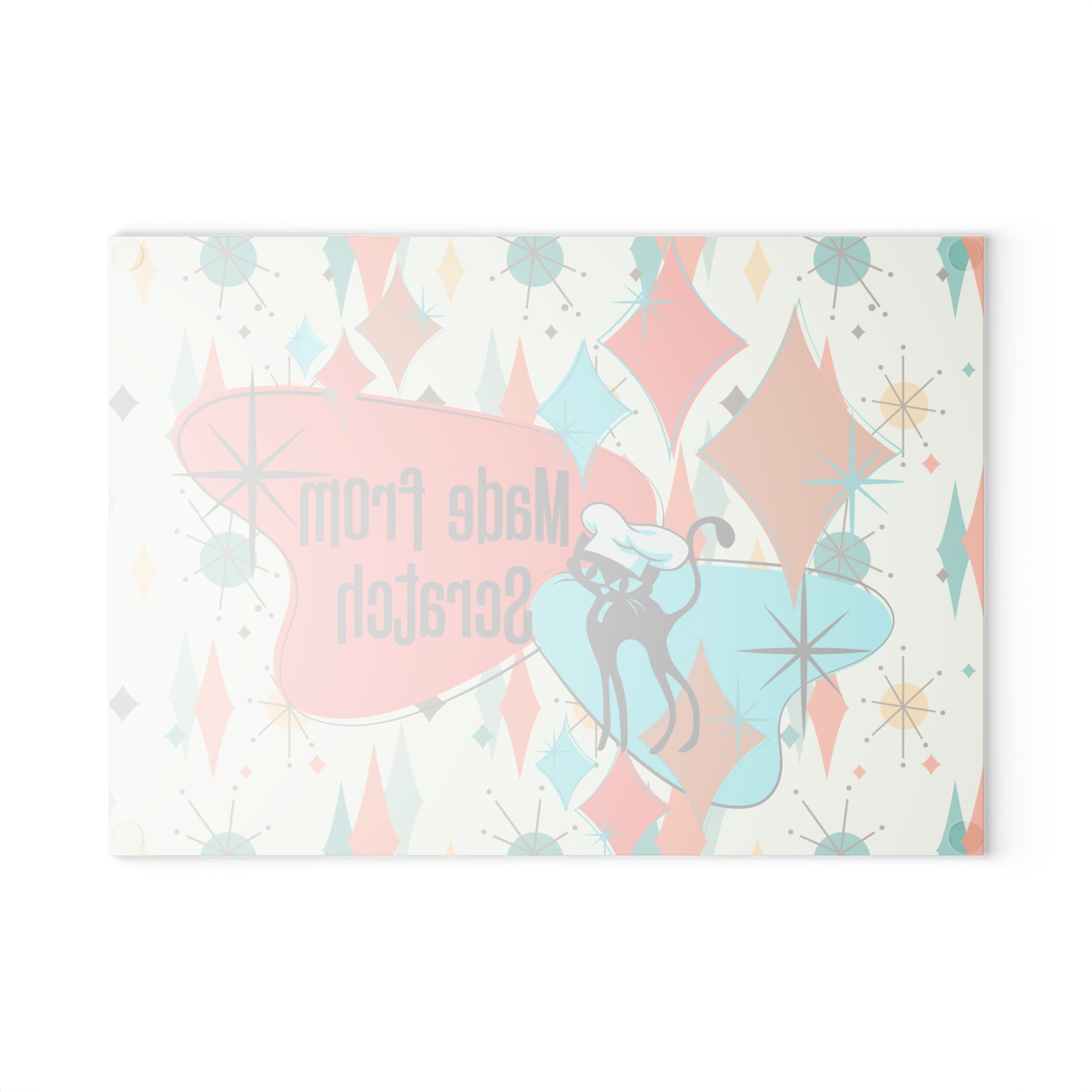 Mid Century Modern Glass Cutting Board, Atomic Cat, Made From Scratch Housewarming Gift, In Francisan Starburst Pattern - Mid Century Modern Gal