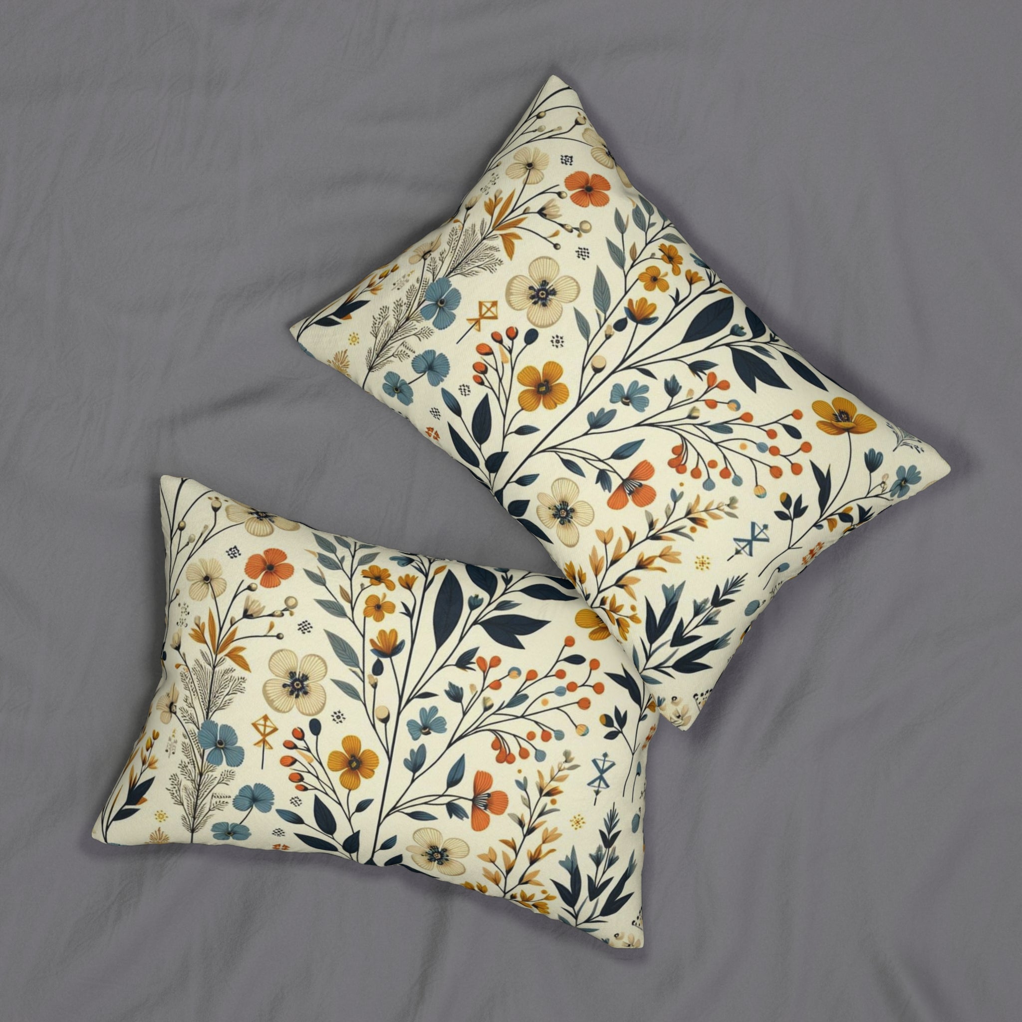 Modern Danish Scandinavian Designed Floral Mid Century Modern Golden Yellow, Royal Blue Lumbar Pillow - Mid Century Modern Gal