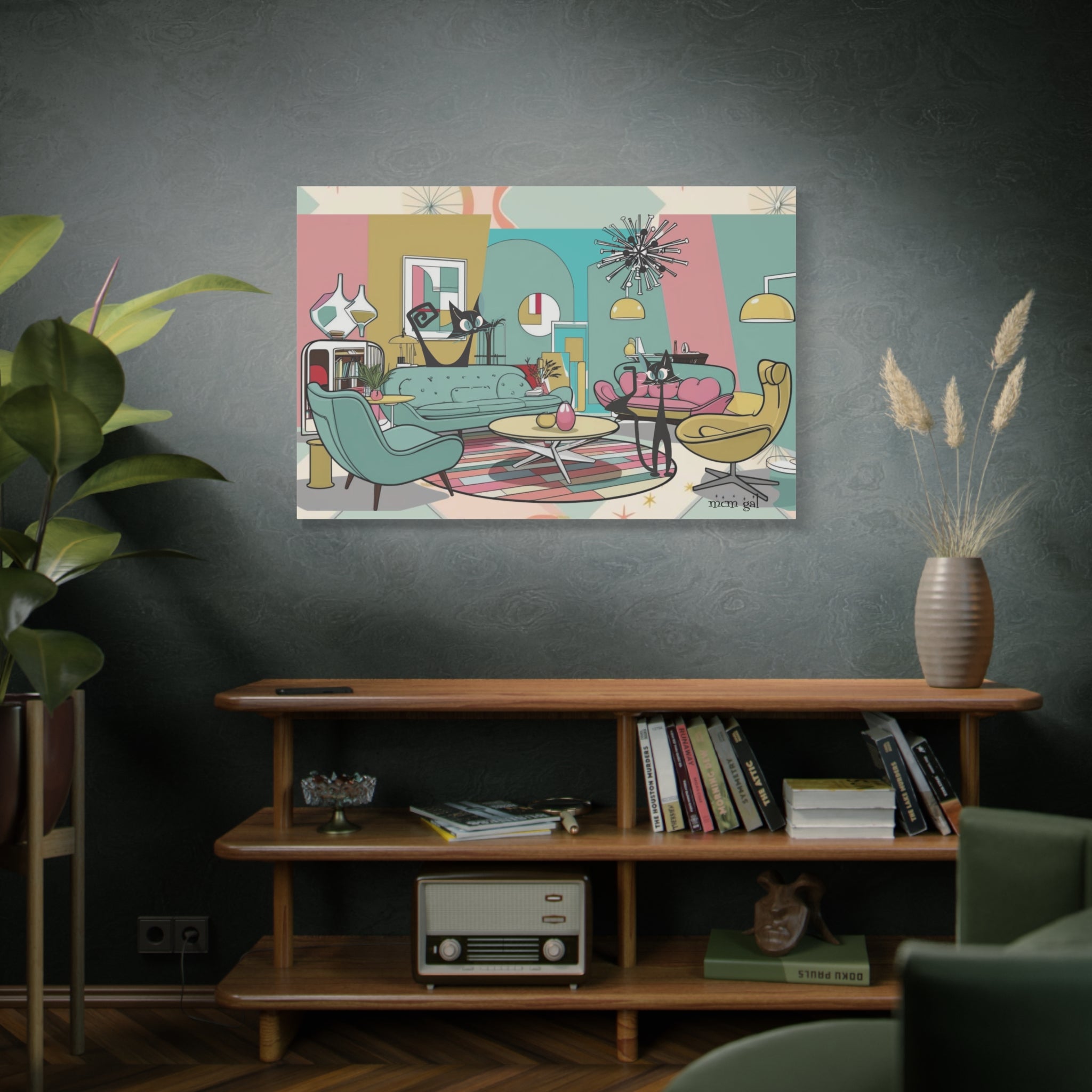 Mid-Century Modern Atomic Cat Kitschy Mod Living Room, Aqua, Pink, Starburst Original Art By MCM GAL - Mid Century Modern Gal