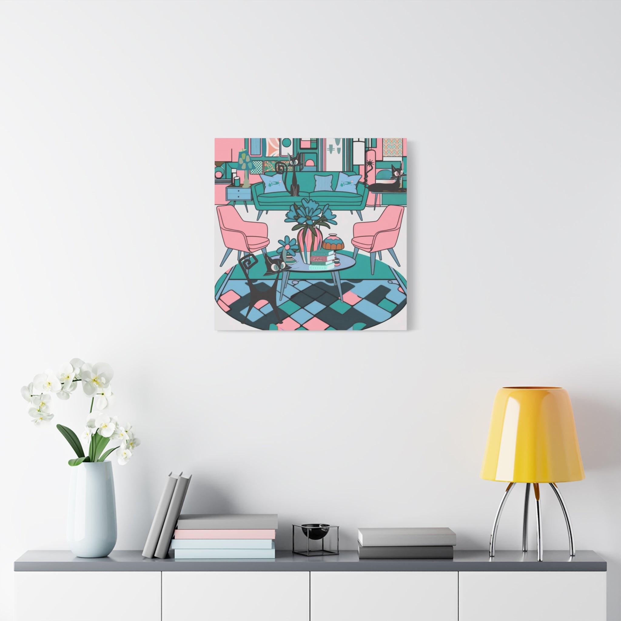 Atomic Cat Mid Century Modern Wall Art Colorful Cat-Themed Canvas Art - Mid Century Modern Gal