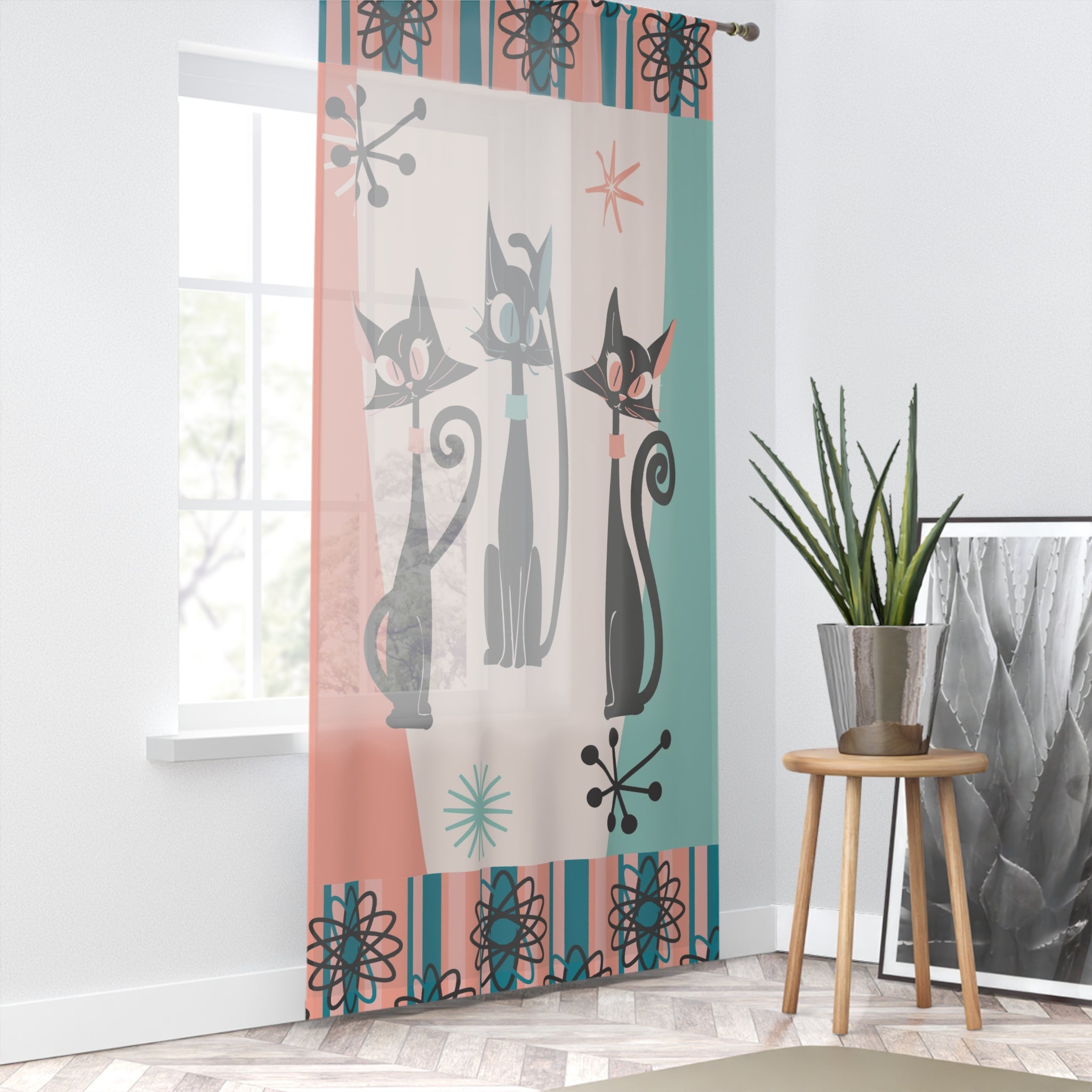 Atomic Kittie Cats, Mid Century Modern Aqua Blue, Pink, Space Atom Kitschy Quirky Fun Designed Sheer Window Curtain - Mid Century Modern Gal