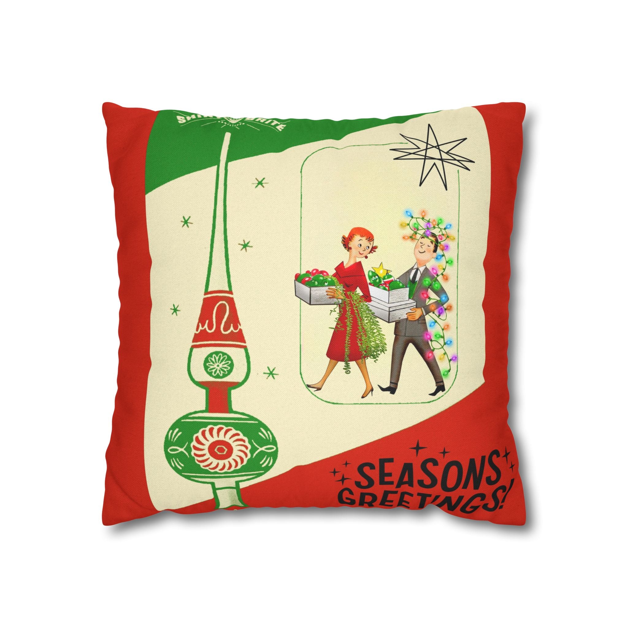 Shiny Brite Holiday Pillow Cover, Mid Century Modern Kitschy Couple Season Greetings - Mid Century Modern Gal