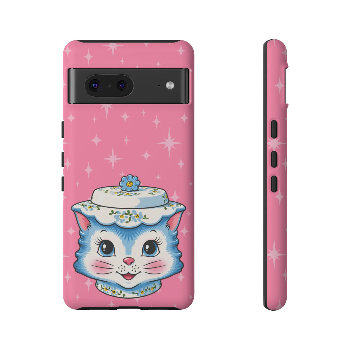 Mid Century Modern Kitschy Anthropomorphic Blue Cat with Floral Hat Tough Phone Case