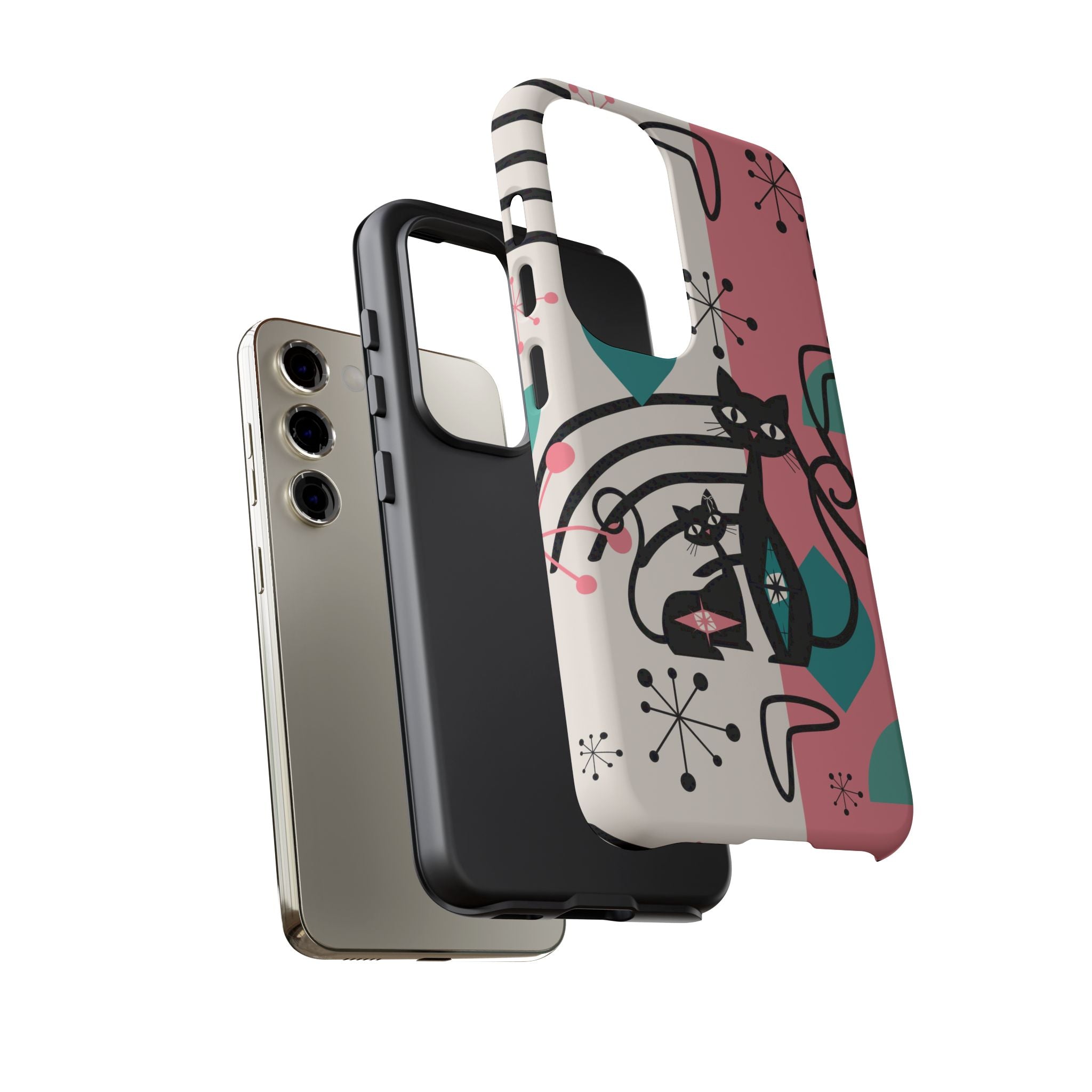 Mid Mod Atomic Cat Boomerang Starburst, Pink, Black Kitschy Stylish Cat Phone Case: Modern Design for Cat Lovers