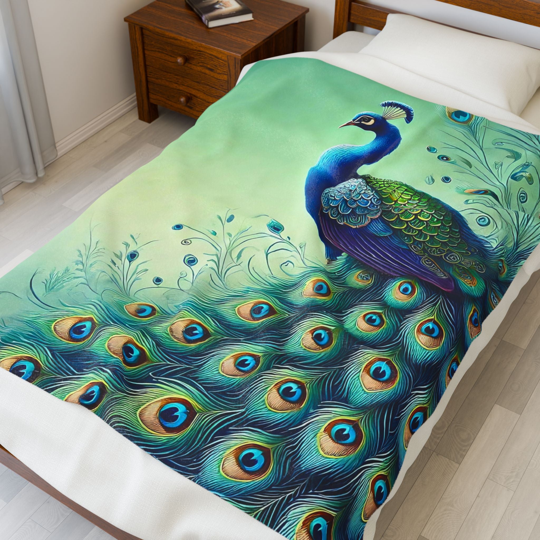 Chinoiserie Throw Blanket, Vibrant Peacock Velveteen Plush Blanket - Cozy Décor for Home and Gifts - Mid Century Modern Gal