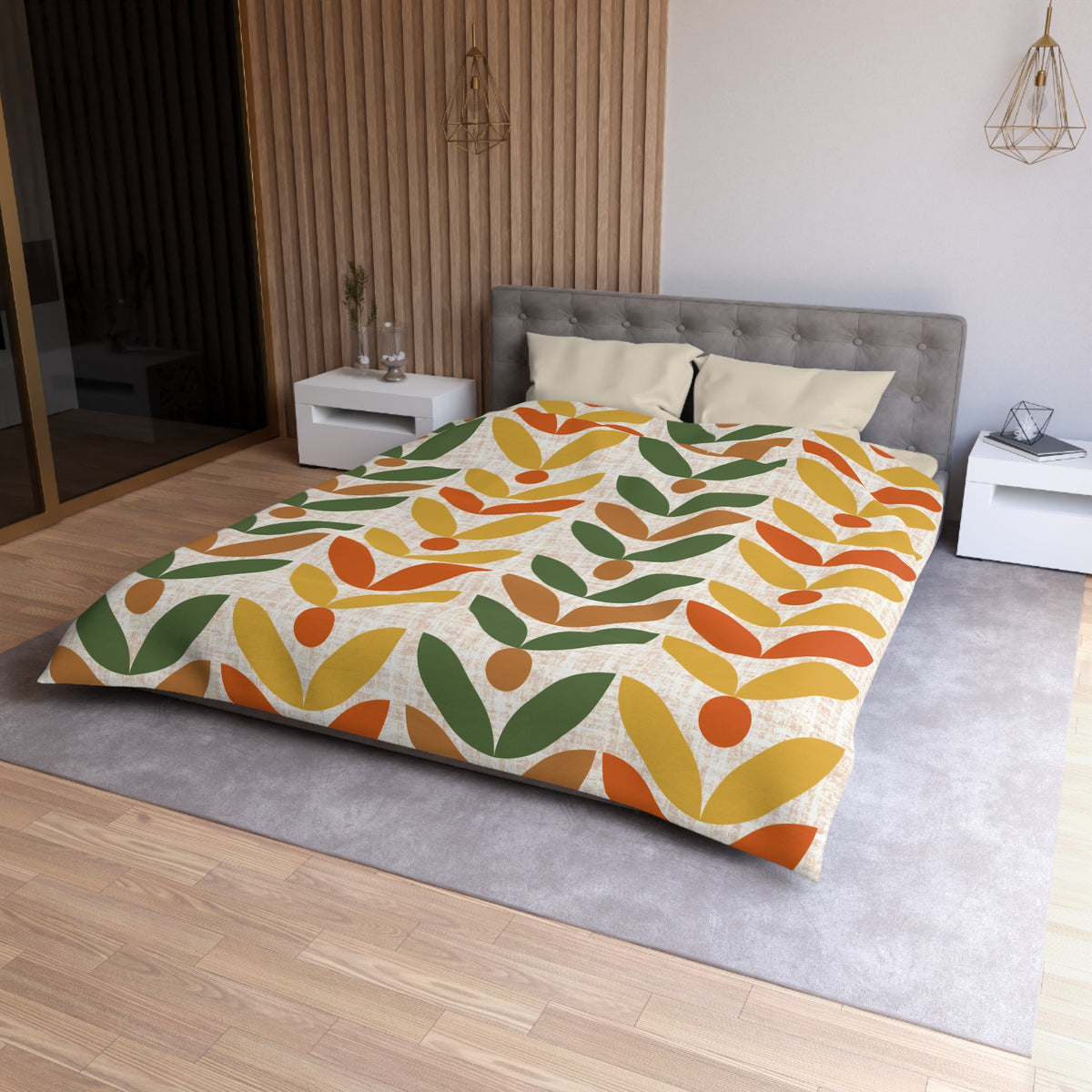 Retro Scandinavian Floral, Orange, Mustarned Camel Brown, Green Duvet Cover - Bohemian Home Decor - Mid Century Modern Gal