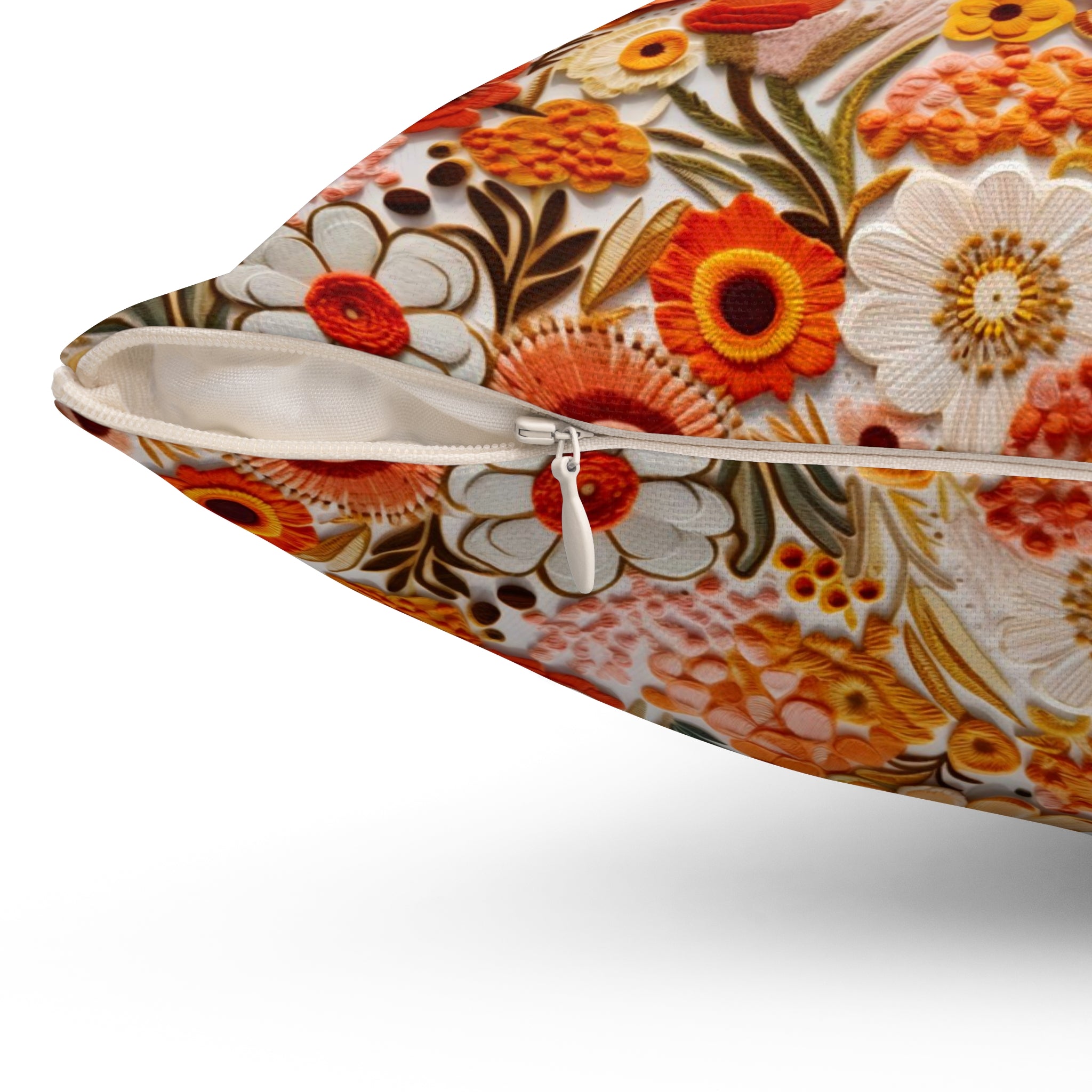 1970s Harvest Gold, Orange, Faux Embroidered Pillow And Insert - Mid Century Modern Gal