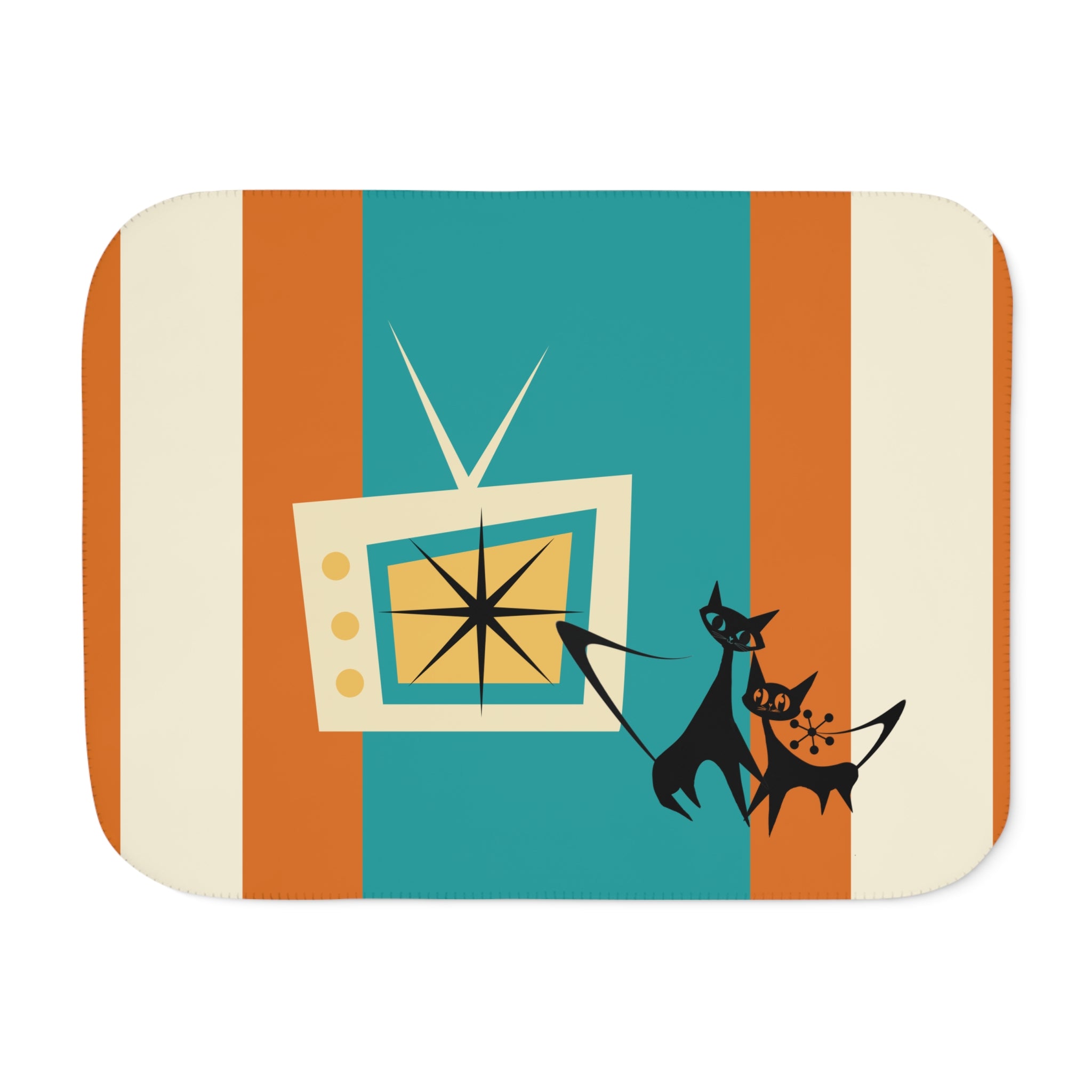 Atomic Kittie Cats, Mid Century Modern Teal, Orange Retro Cozy Cat-Themed Sherpa Blanket - Mid Century Modern Gal