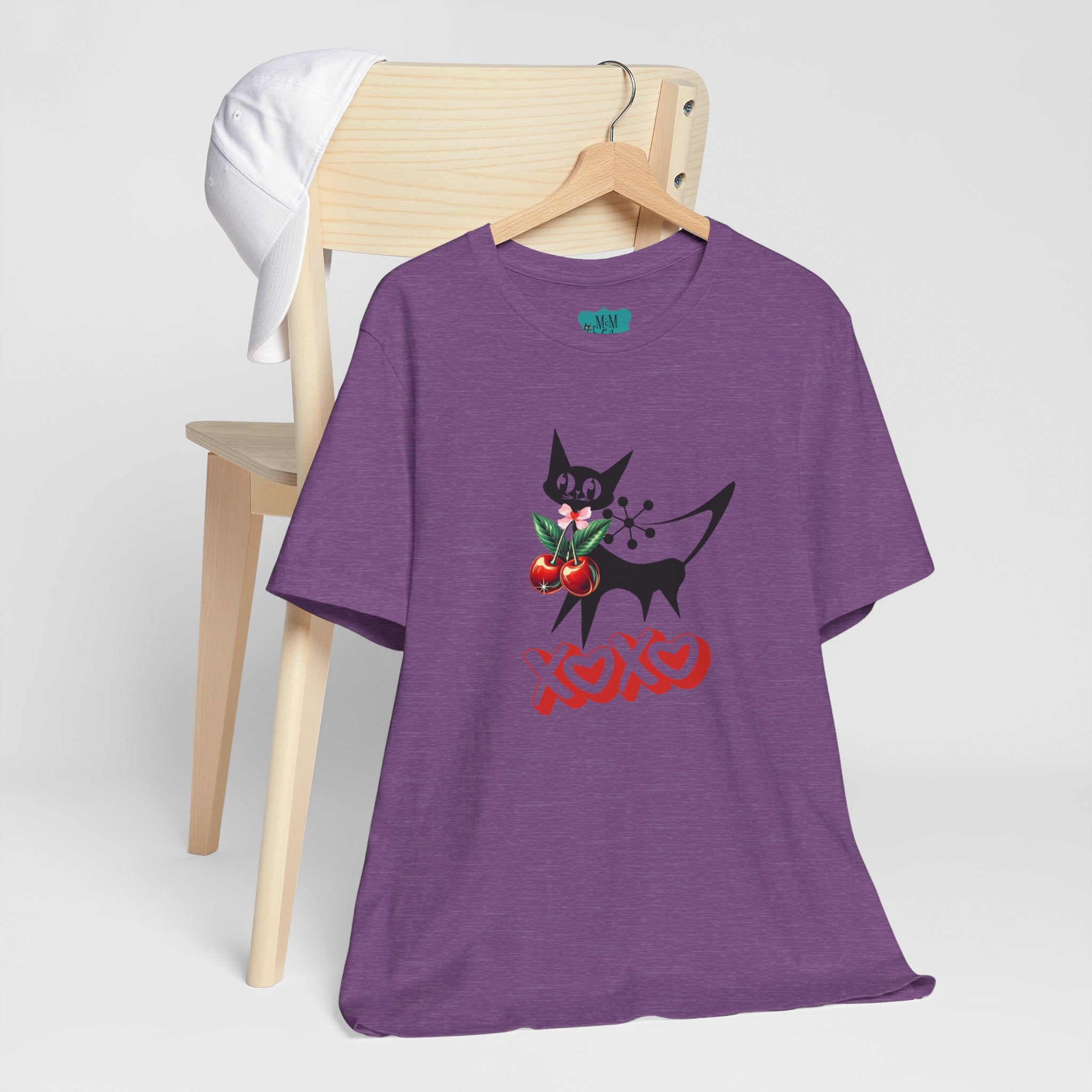 Atomic Cat Valentine Retro Cherries, Playful Cat Graphic Tee, XOXO Love Shirt, Gift for Cat Lovers, Fun Atomic Cherry 50s Fashion - Mid Century Modern Gal