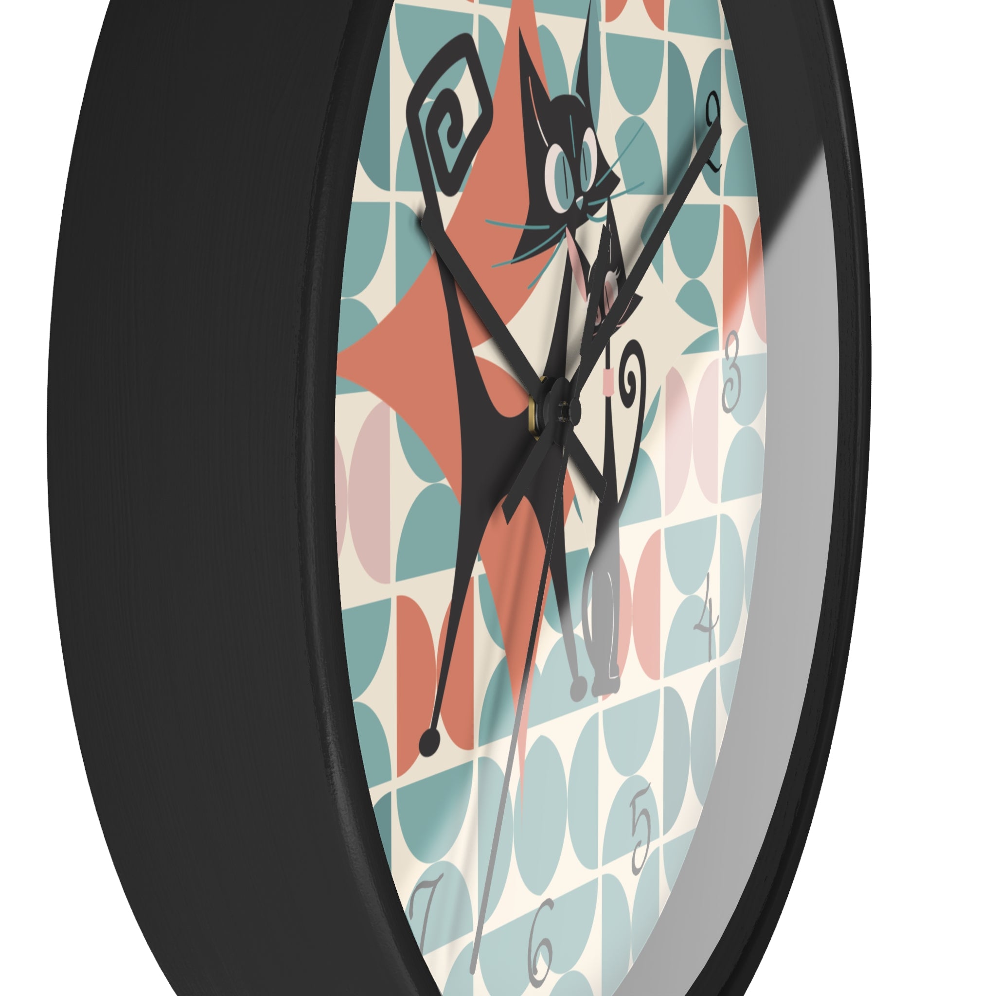 Kitchen Clock, Atomic Cat Retro Mid Century Modern Style With Scandinavian Designed Geometric Shapes, 50s Wall Clock For Cat Lovers - Mid Century Modern Gal