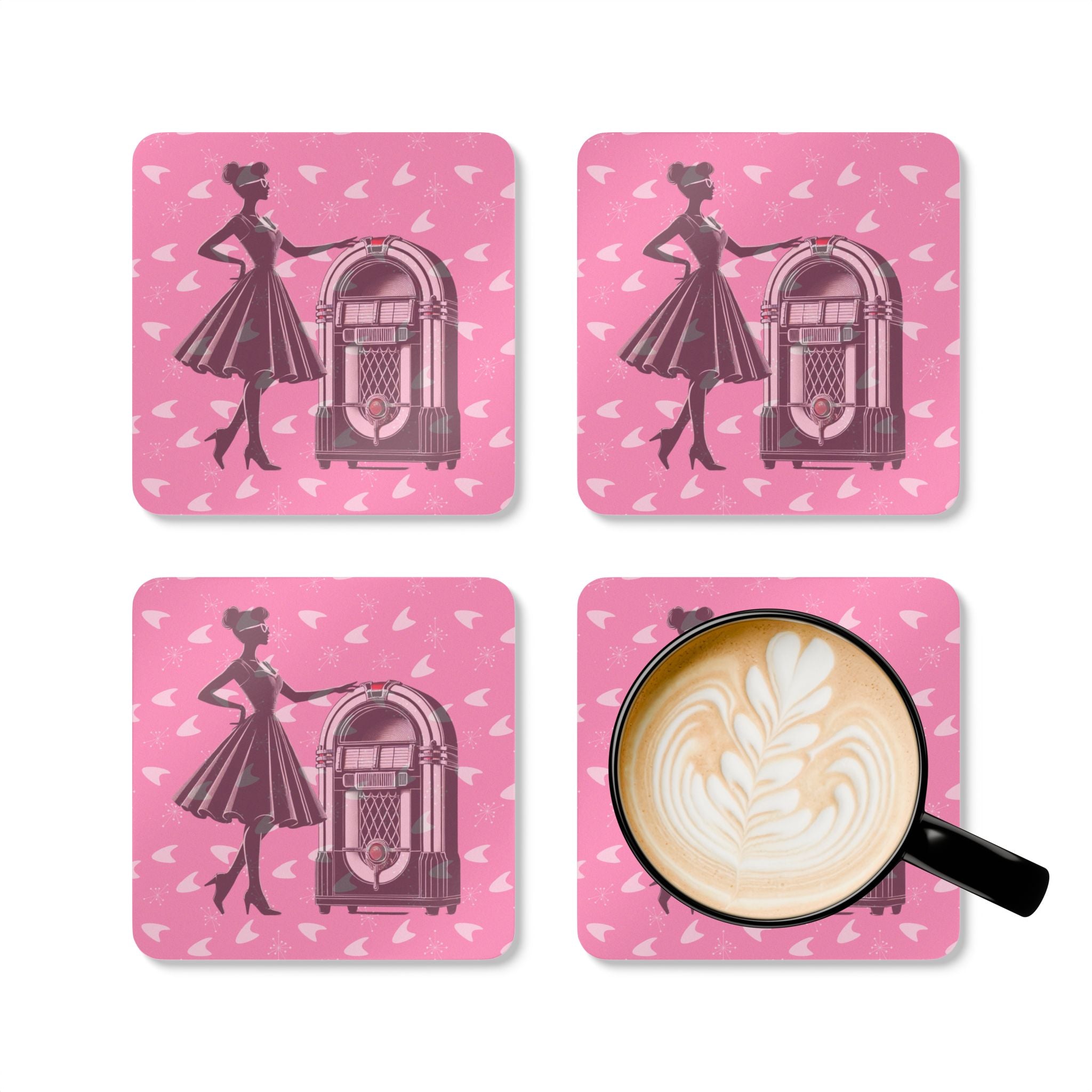 50s Diner, Pink Retro Jukebox Cork Coaster Set, Vintage Coasters, Bar Decor, Gift for Music Lovers - Mid Century Modern Gal