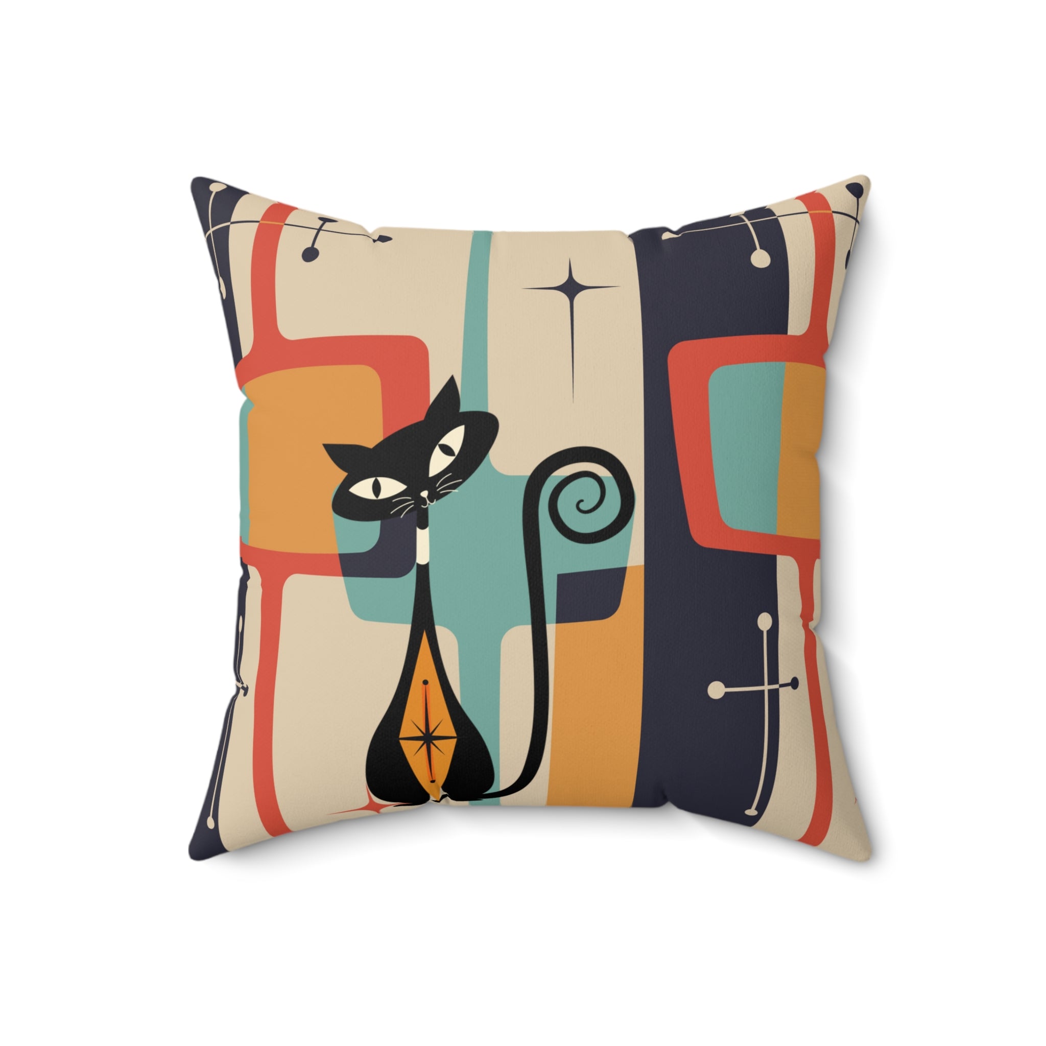 Atomic Cat Pillow, Mid Century Modern Geometric Retro Pillow And Insert - Mid Century Modern Gal