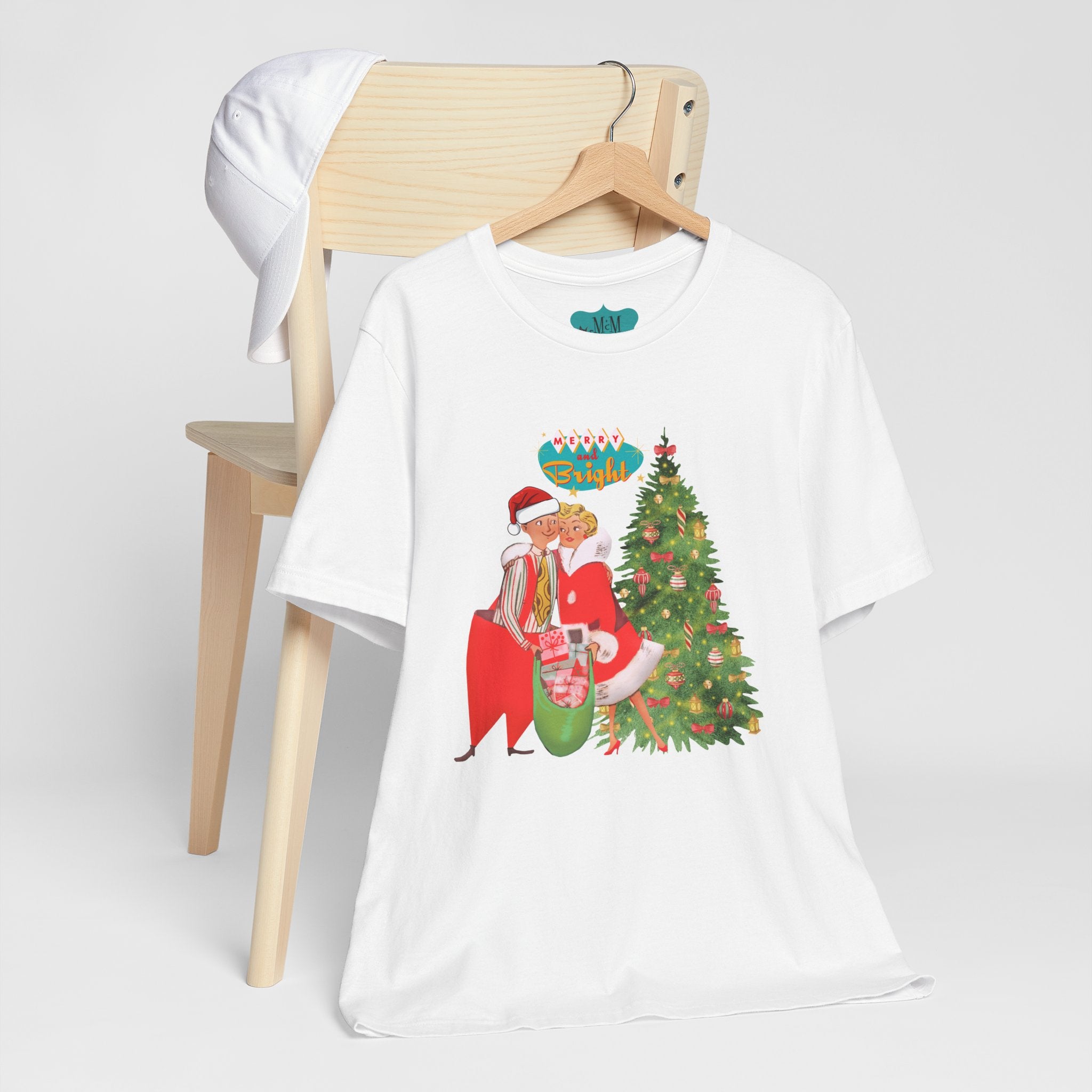 Festive Kitshy Mid Mod Christmas Couple Tee - Unisex Short Sleeve Jersey Shirt - Mid Century Modern Gal