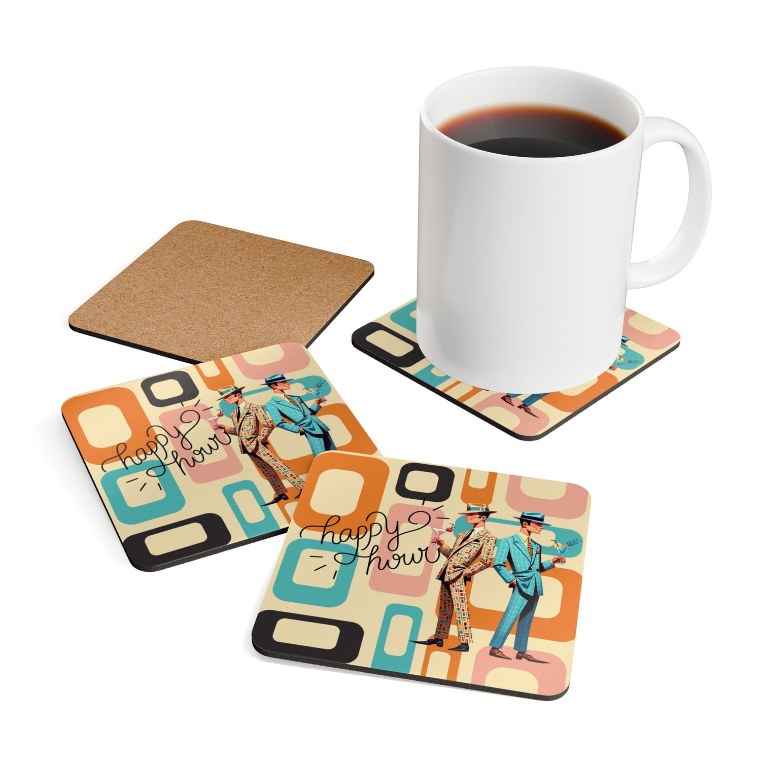 Mid Century Modern Gay Male Pride, Kitschy Fun Happy Hour Tabletop Corkwood Coaster Set - Mid Century Modern Gal