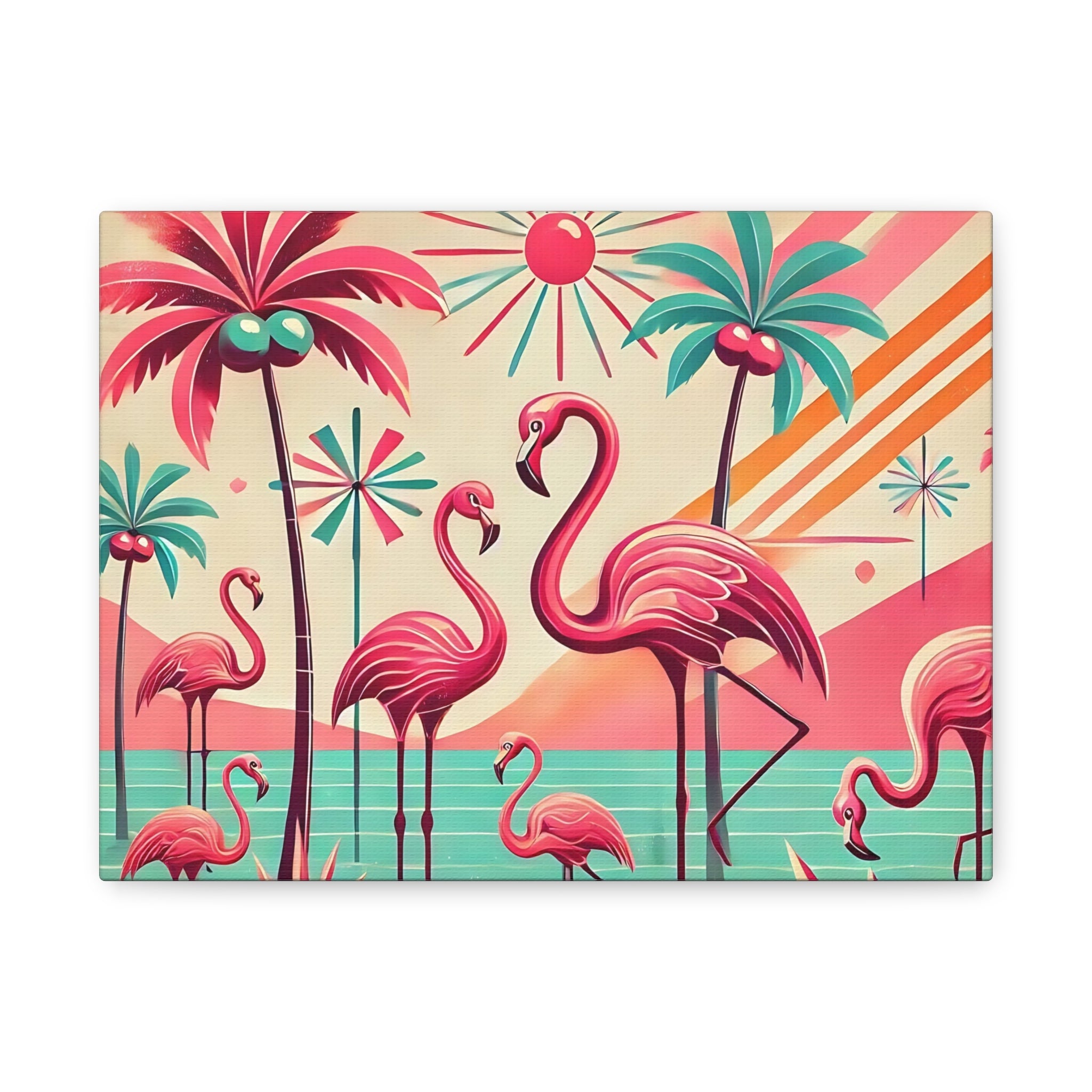 1950s Mid Century Modern Flamingo Art, Kitschy Pink, Teal, MCM Matte Canvas - Mid Century Modern Gal