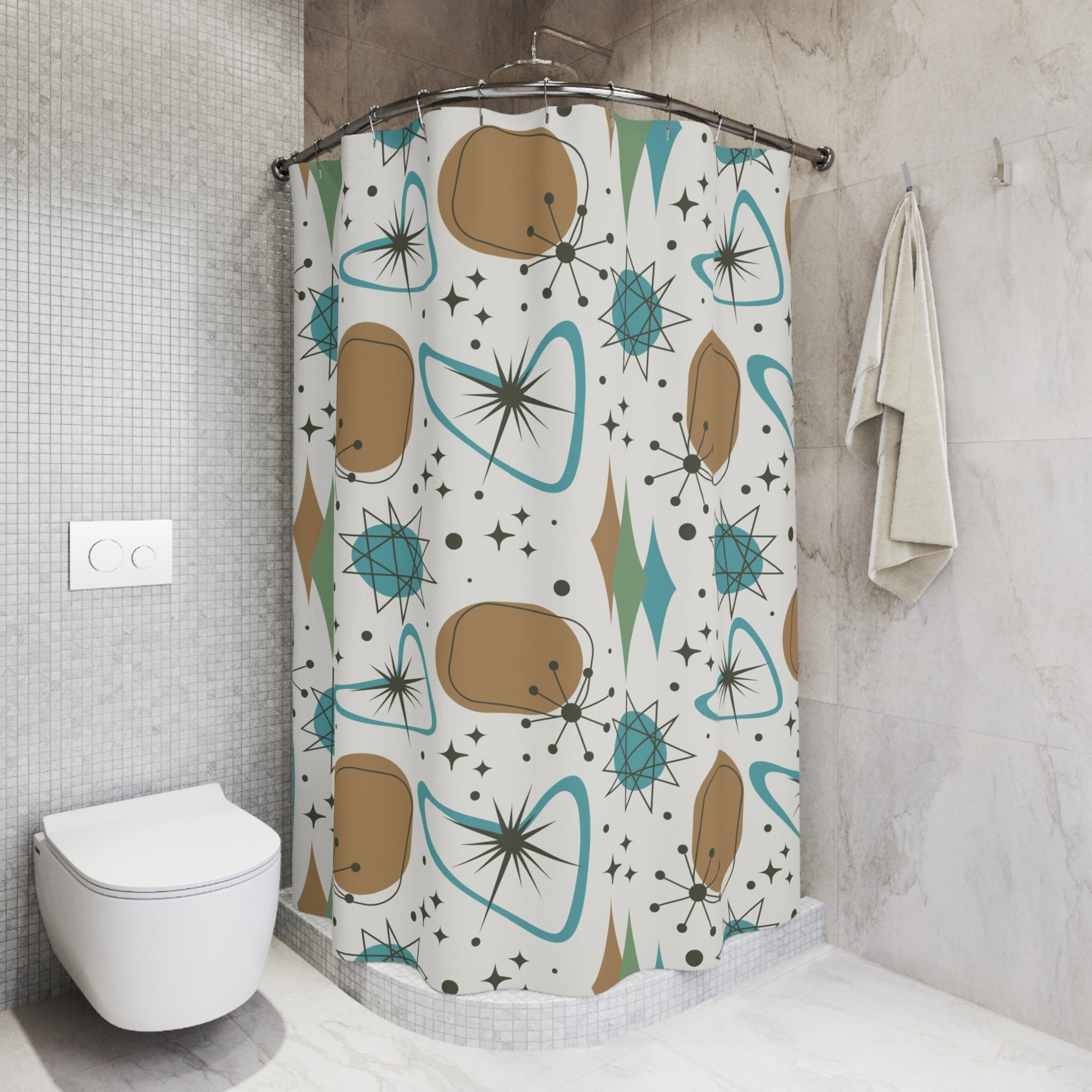Mid Century Modern Atomic Boomerang Starburst, Mid Mod Shower Curtain - Mid Century Modern Gal