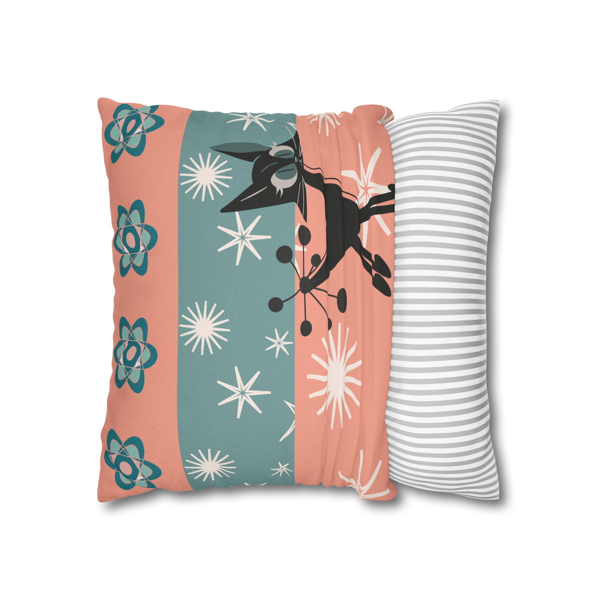 Atomic Kitschy Kittie, Black Cat Lover, Mid Century Modern Boomerang, Retro Coral, Teal, Starburst, 50s Pillow Case Cover - Mid Century Modern Gal