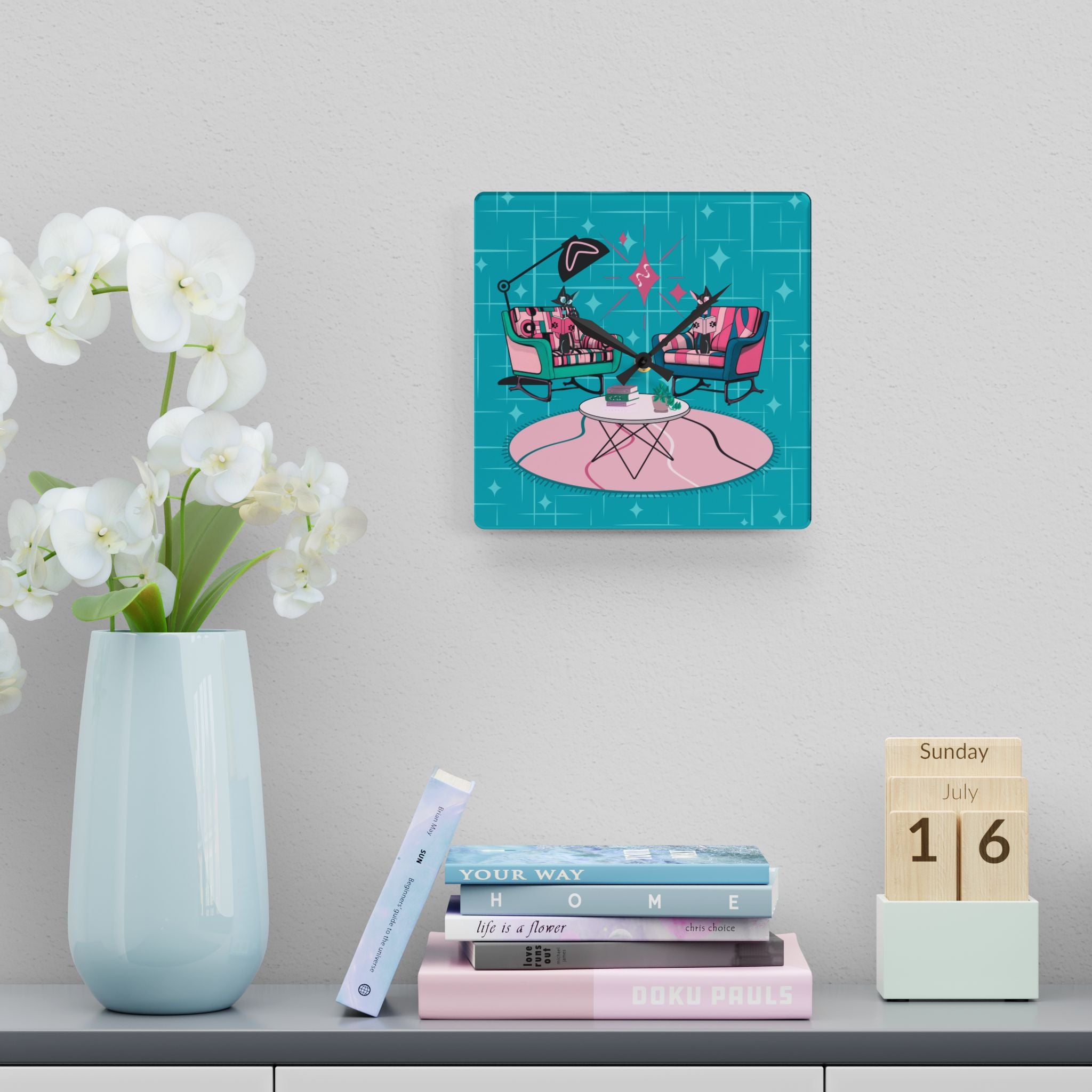 Atomic Reading Cats, Kitschy Mod Quirky Retro Modern Acrylic Wall Clock - Mid Century Modern Gal