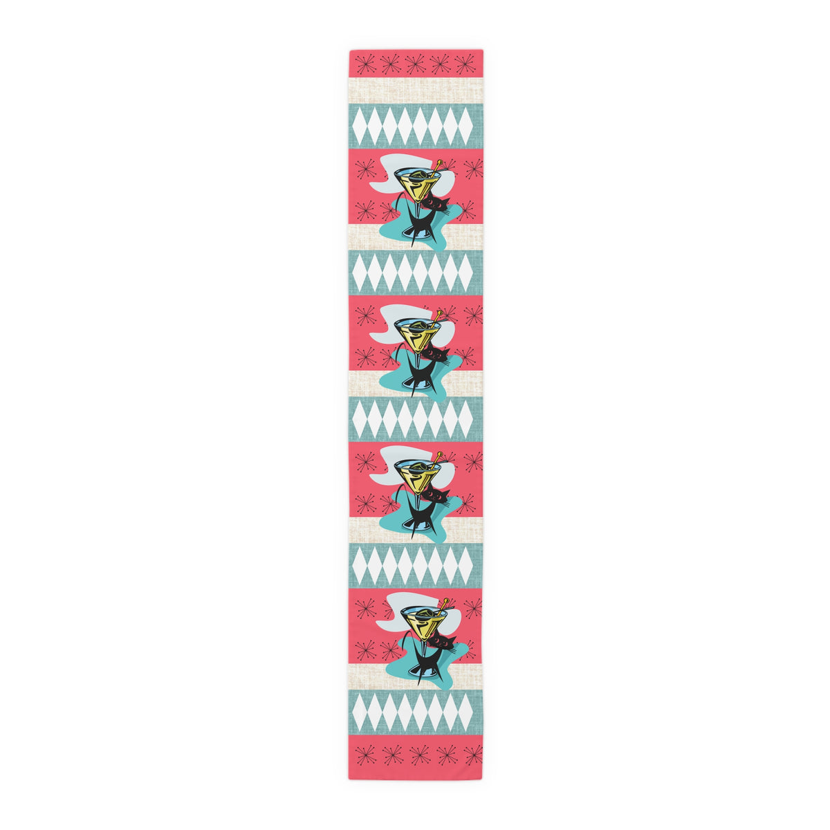 Atomic Martini Cat, Mid Mod Coral, Aqua, Starbursts Mid Century Modern Barware Table Runner - Mid Century Modern Gal