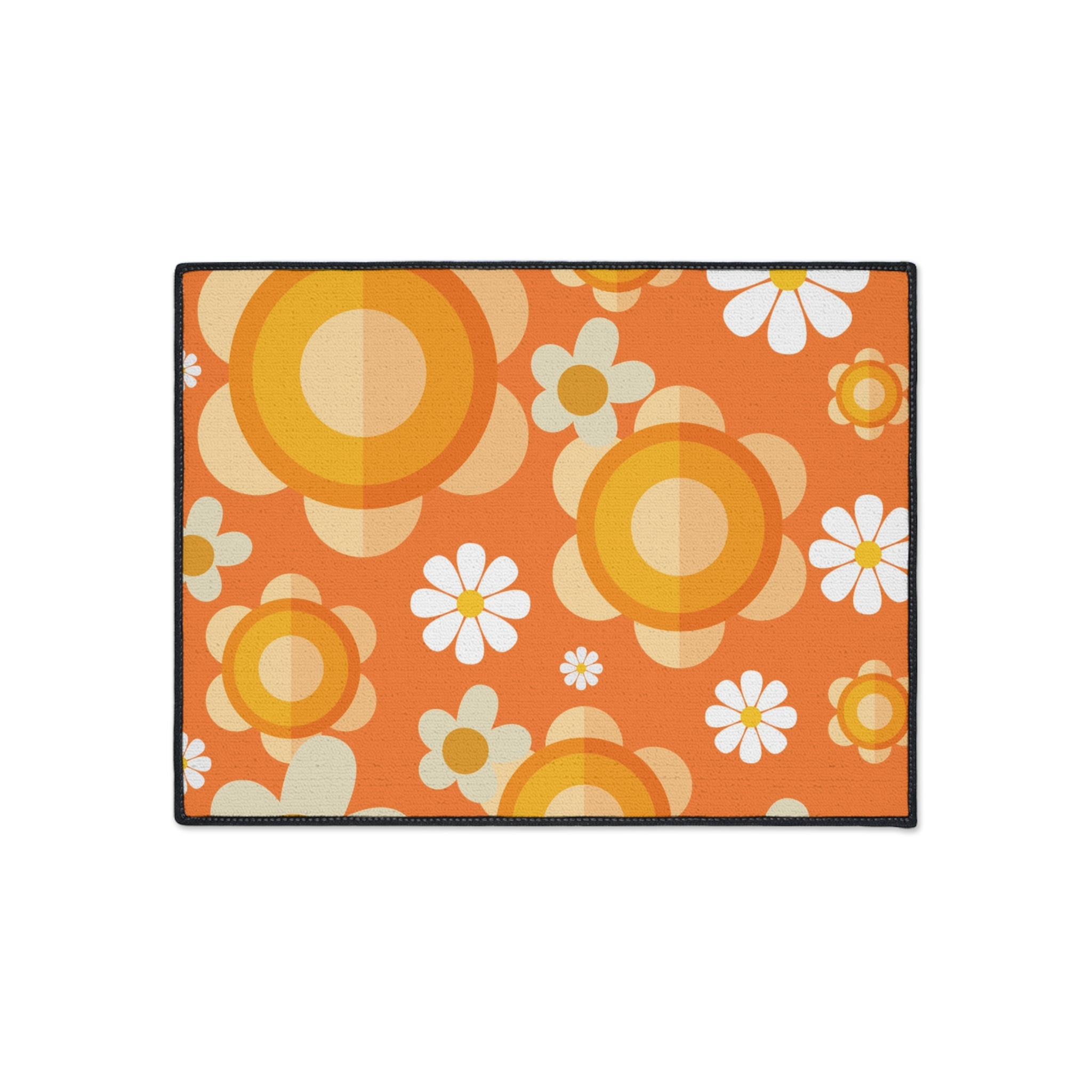 Retro Floral Orange, White Mod Daisy Heavy Duty Floor Mat - Ideal for Home Décor and Entryways - Mid Century Modern Gal