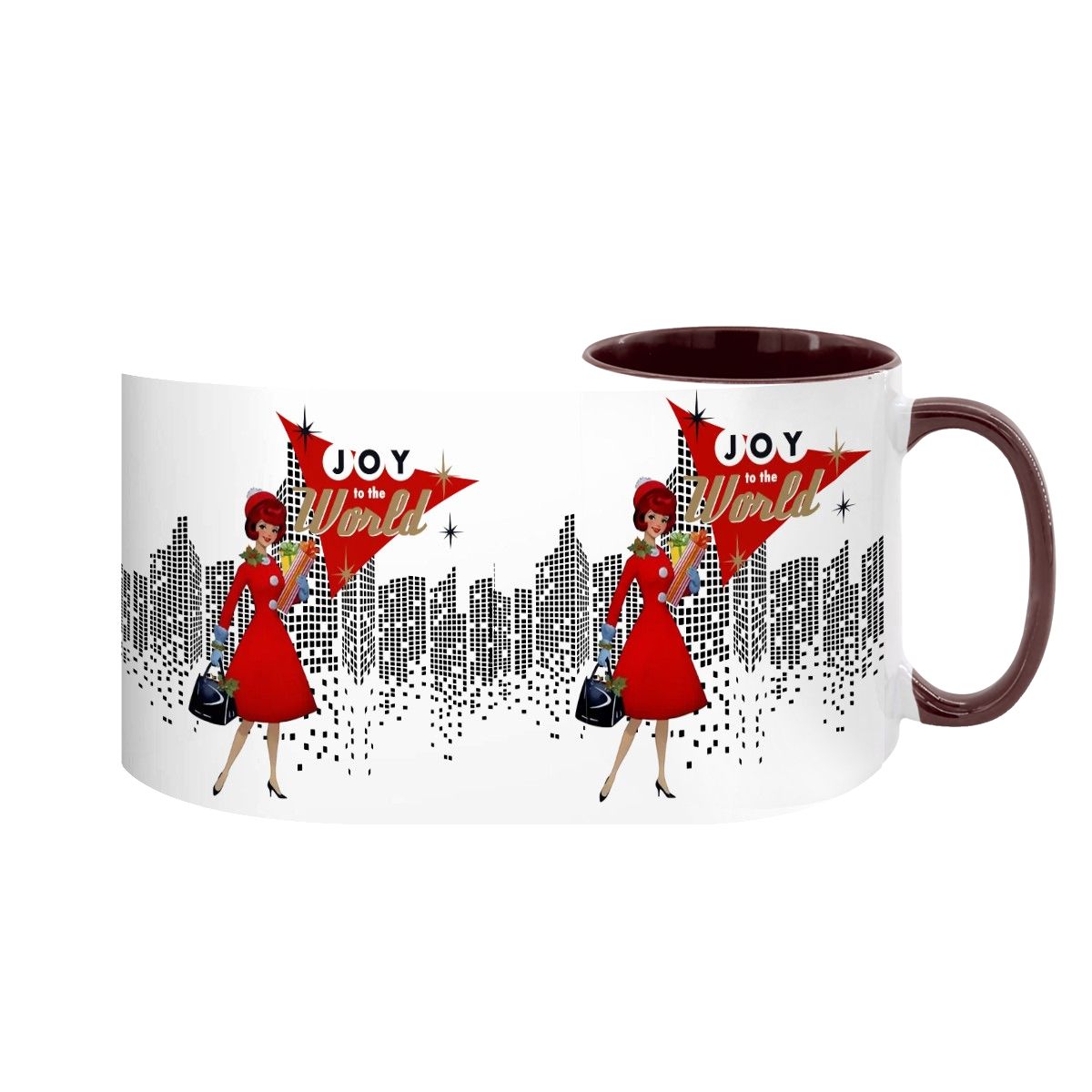 Mid Century Modern holiday mug featuring a cityscape design and a retro woman in a red dress with "Joy to the World" text.