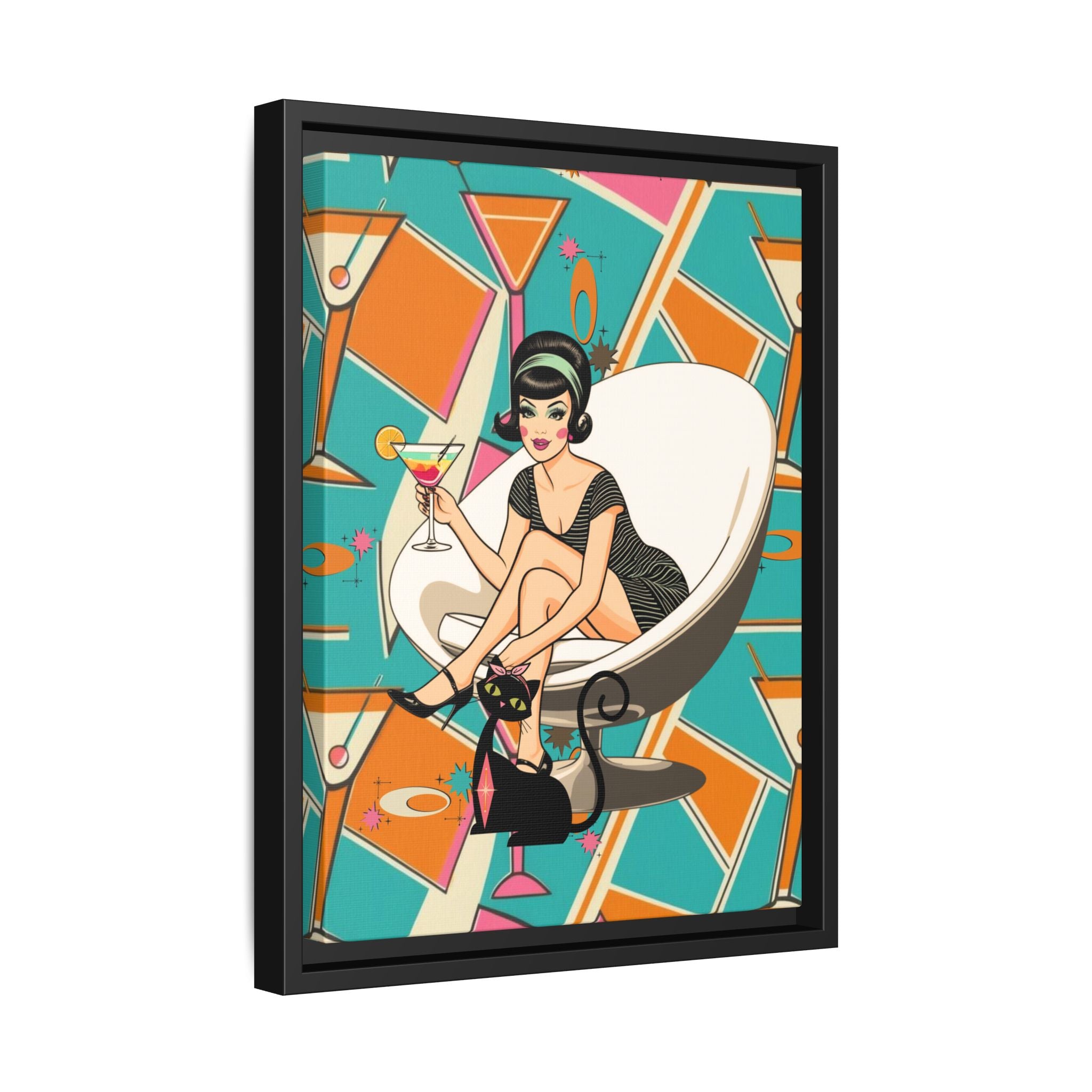 Mid Mod 60s Gal, Atomic Cat Barware Wall Art - Framed Matte Canvas with Vintage Cocktail And Retro Cat Design - Mid Century Modern Gal