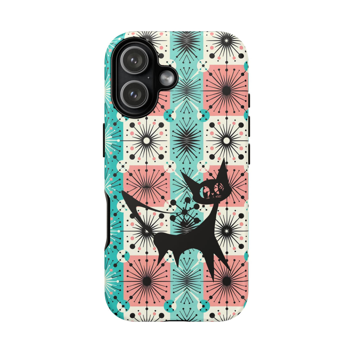 Atomic Kitschy Cat, Mid Century Modern Pink, Aqua Starbursts Tough Phone Case