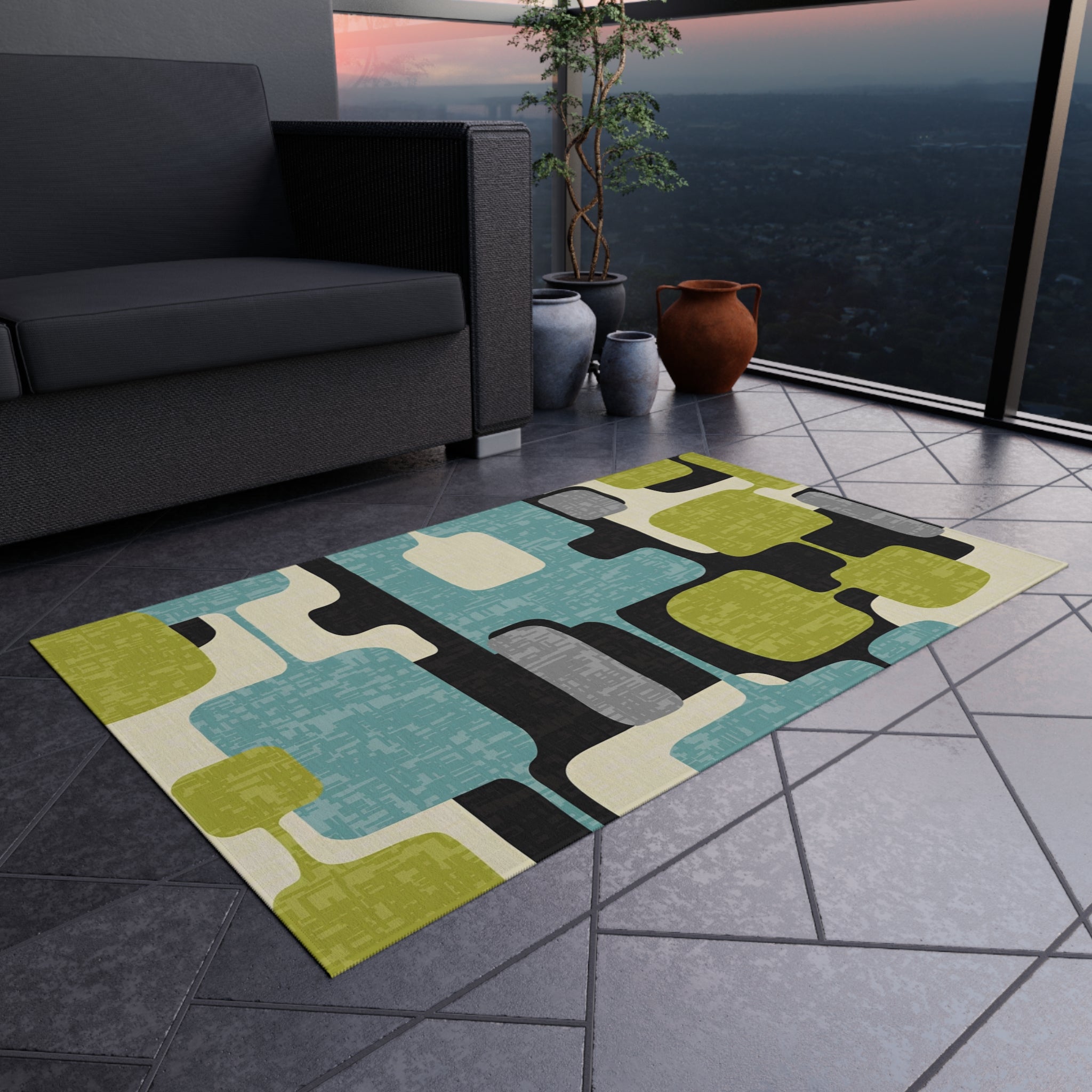 Mid Century Modern Geometric Indoor, Outdoor Area Rug, Lime Green, Aqua Blue, Black - Mid Century Modern Gal