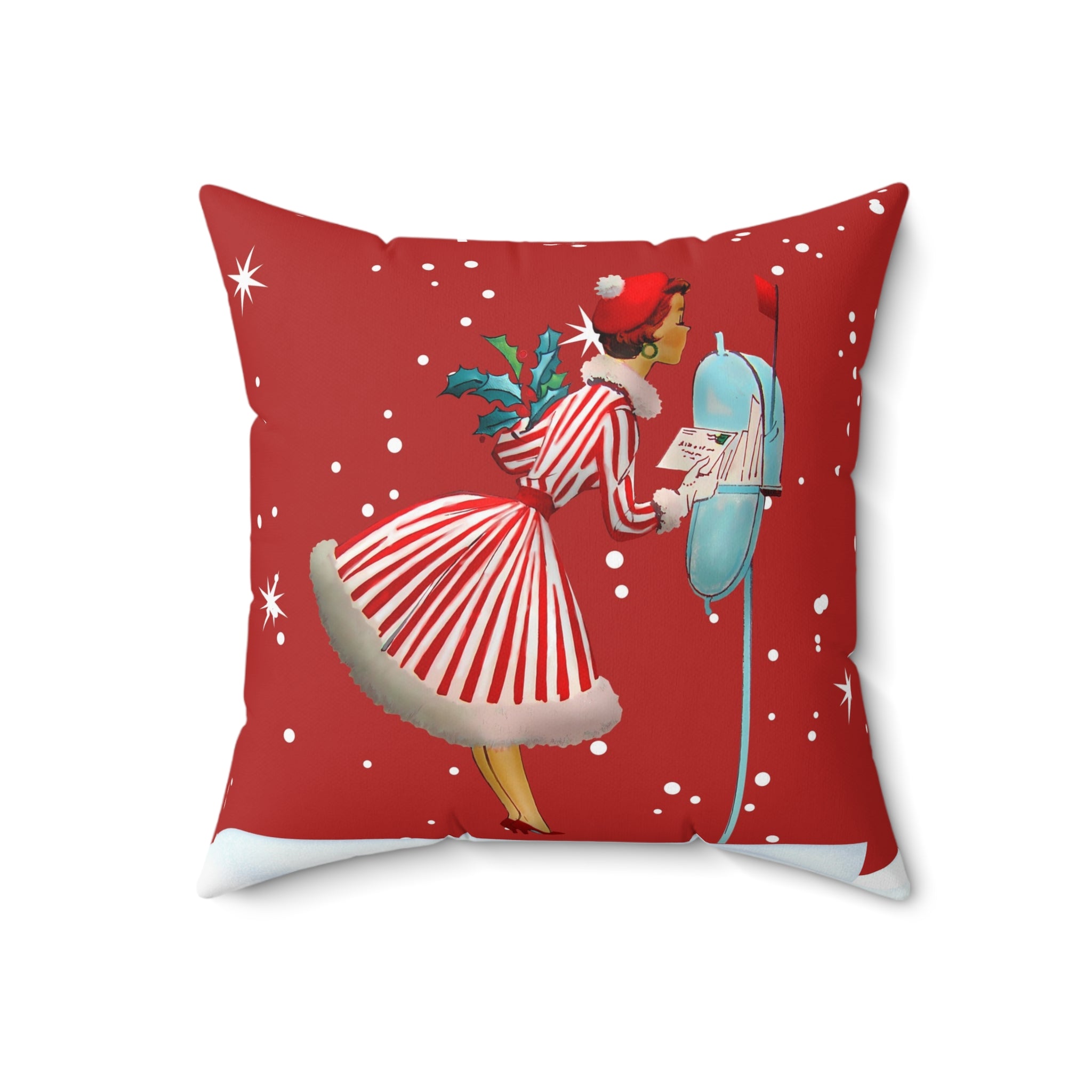 Vintage Christmas Decorative Pillow - Holiday Red with Retro Woman and Snowflakes - Mid Century Modern Gal