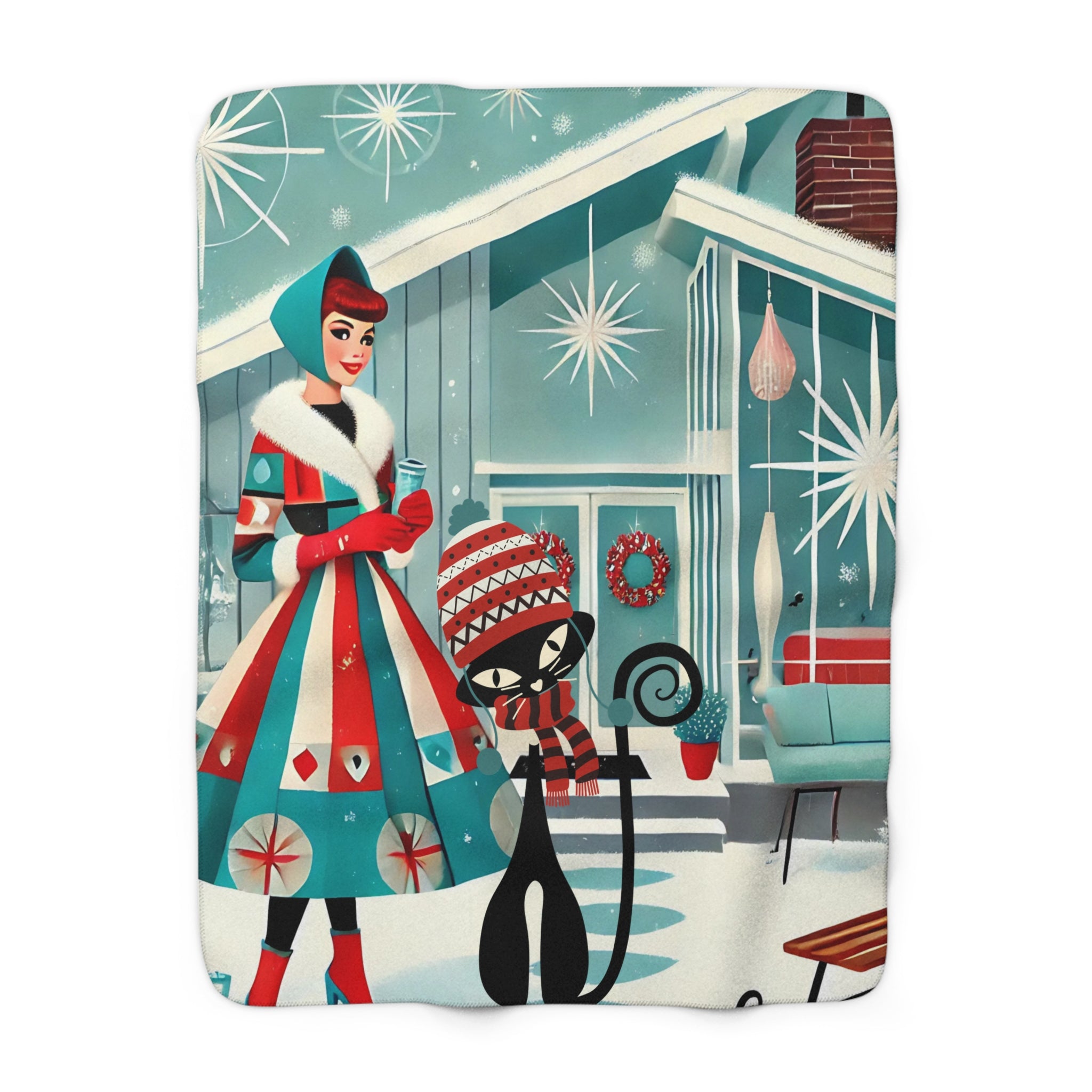 Atomic Cat Mid Century Modern Winter Haven, Vintage Christmas Sherpa Fleece Blanket - Cozy Winter Decor - Mid Century Modern Gal