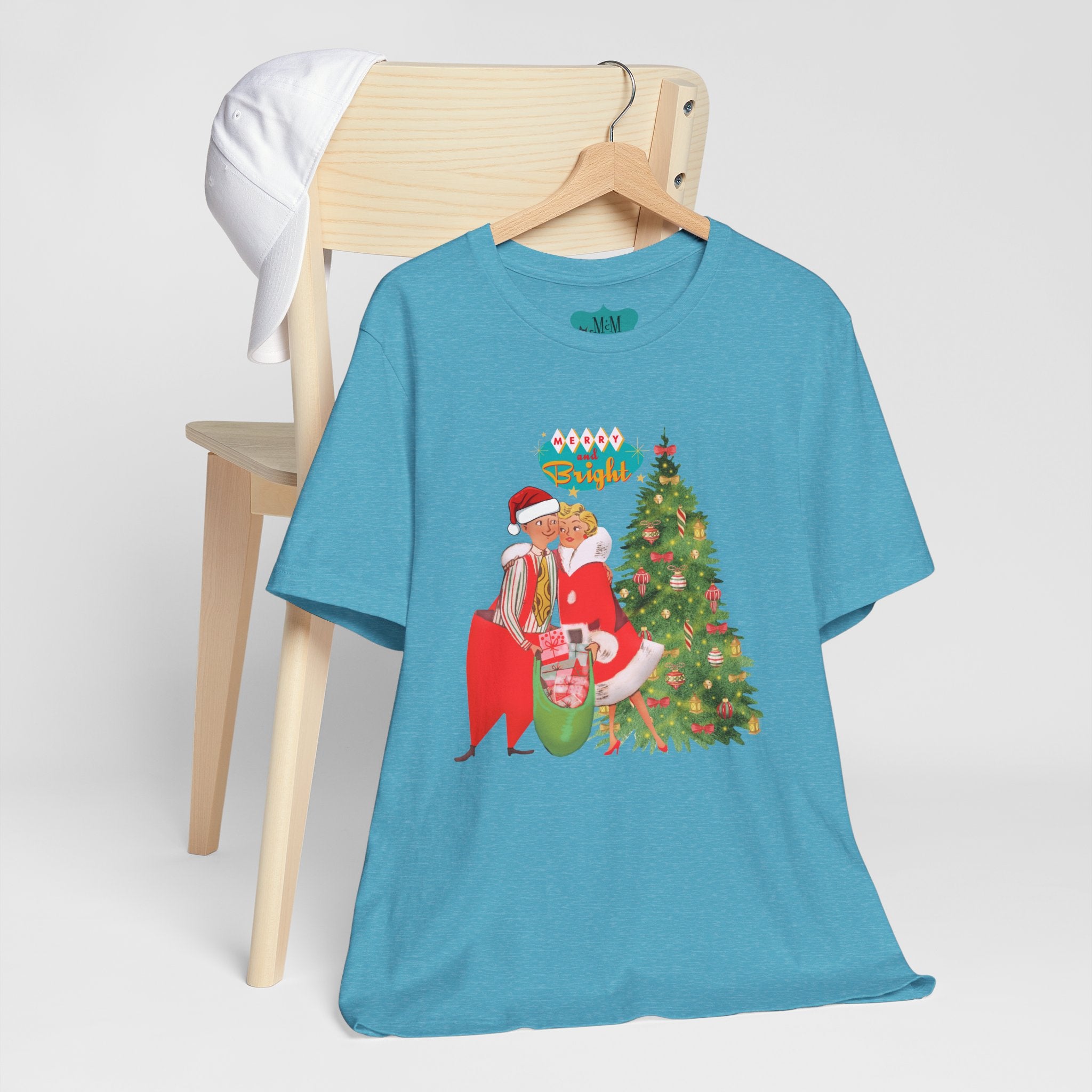 Festive Kitshy Mid Mod Christmas Couple Tee - Unisex Short Sleeve Jersey Shirt - Mid Century Modern Gal