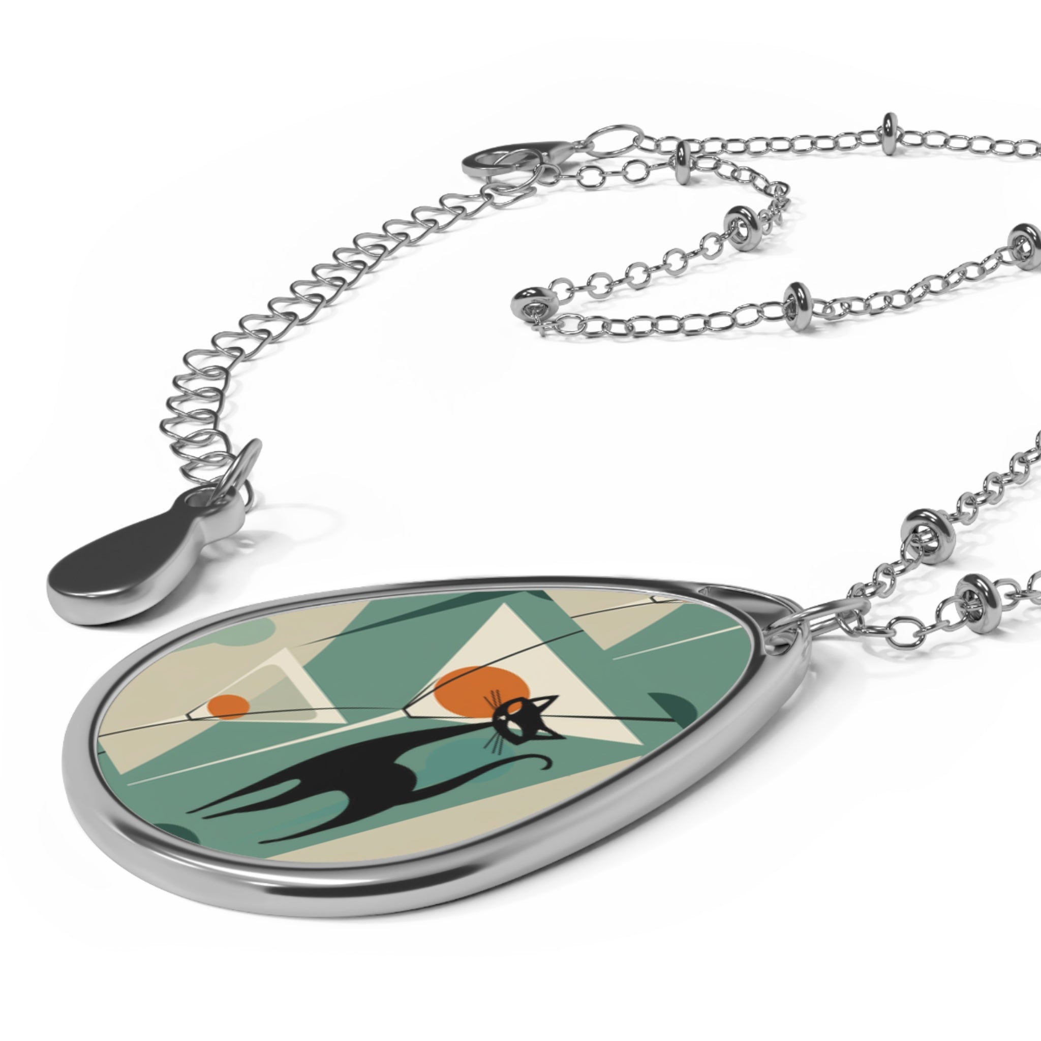 Atomic Cat Cocktail Hour Martini Lover Mid Mod Chic Cat-Themed Oval Necklace - Elegant Jewelry for Cat Lovers - Mid Century Modern Gal