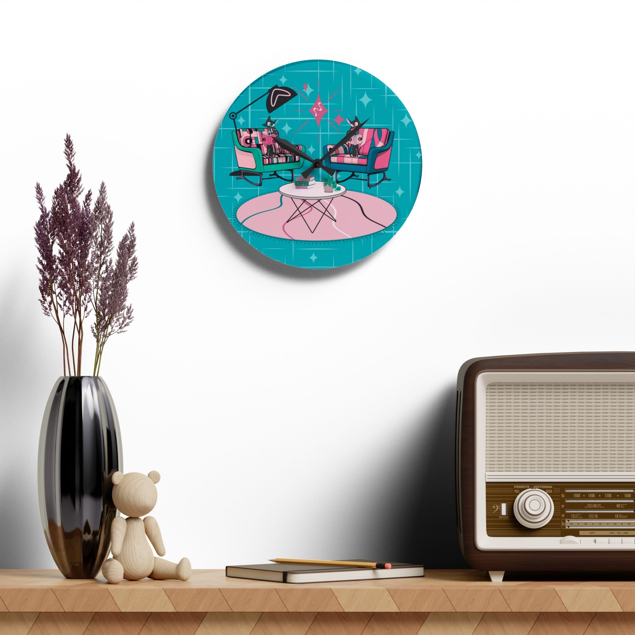 Atomic Reading Cats, Kitschy Mod Quirky Retro Modern Acrylic Wall Clock - Mid Century Modern Gal