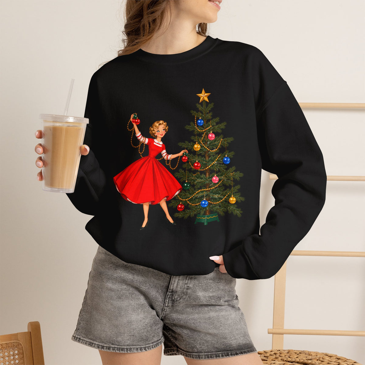 Mid Century Modern Gal Decorating Christmas Tree Unisex Heavy Blend™ Crewneck Sweatshirt - Mid Century Modern Gal