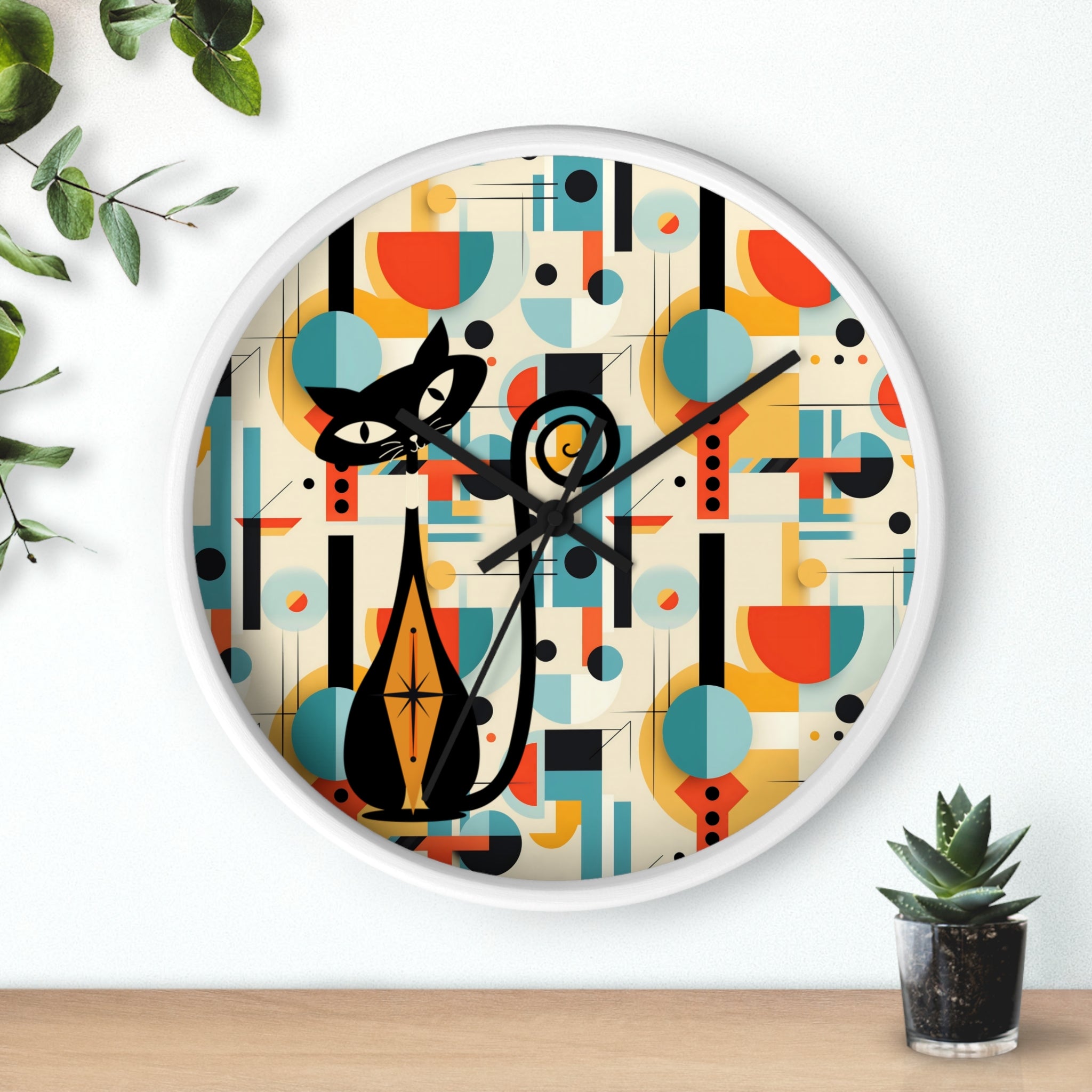 Atomic Cat Wall Clock, Bauhaus Designed Mid Century Modern Style Clock, MCM House Decor, Retro Style Cat Theme Clock - Mid Century Modern Gal