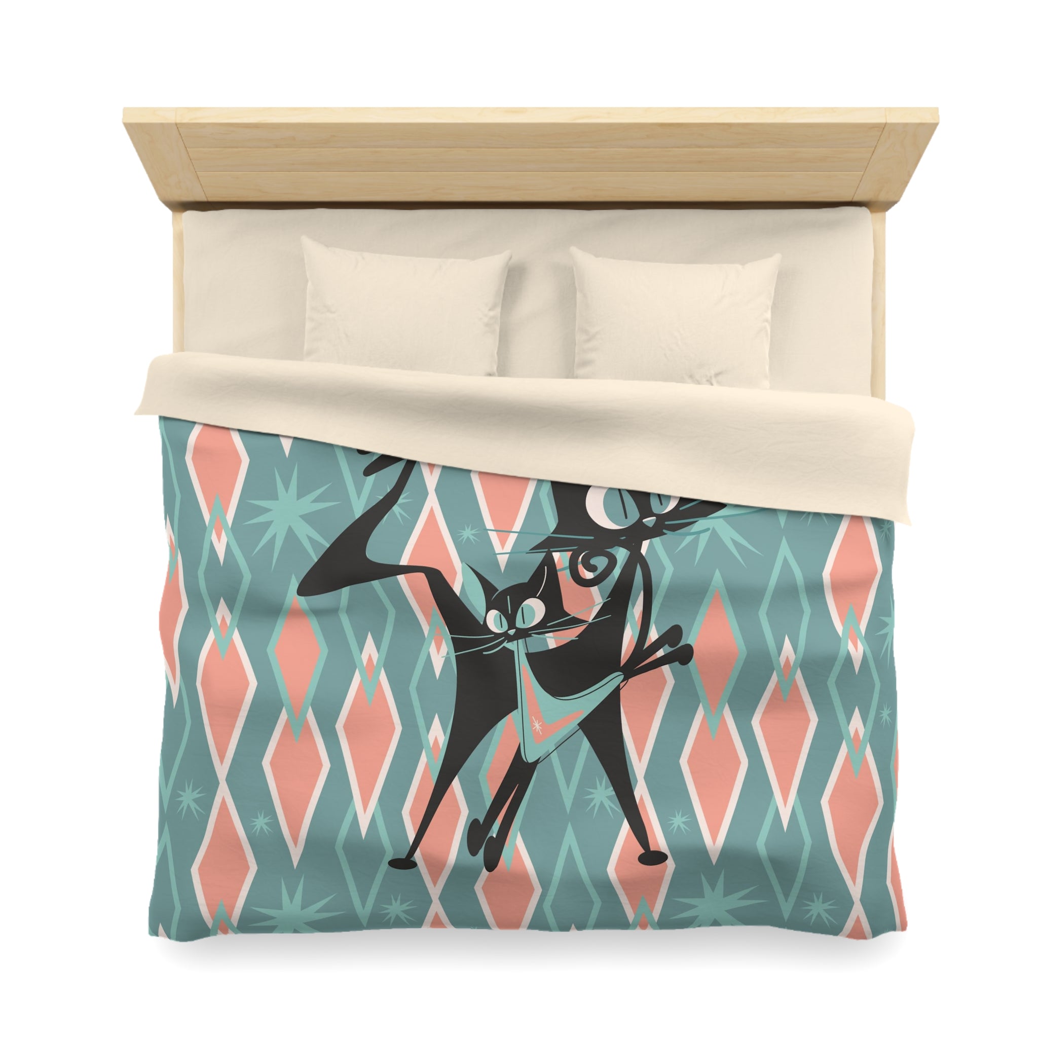 Atomic Cats Bedding, Pink, Aqua Harlequin Diamonds, Mid Century Moden Duvet Cover - Mid Century Modern Gal