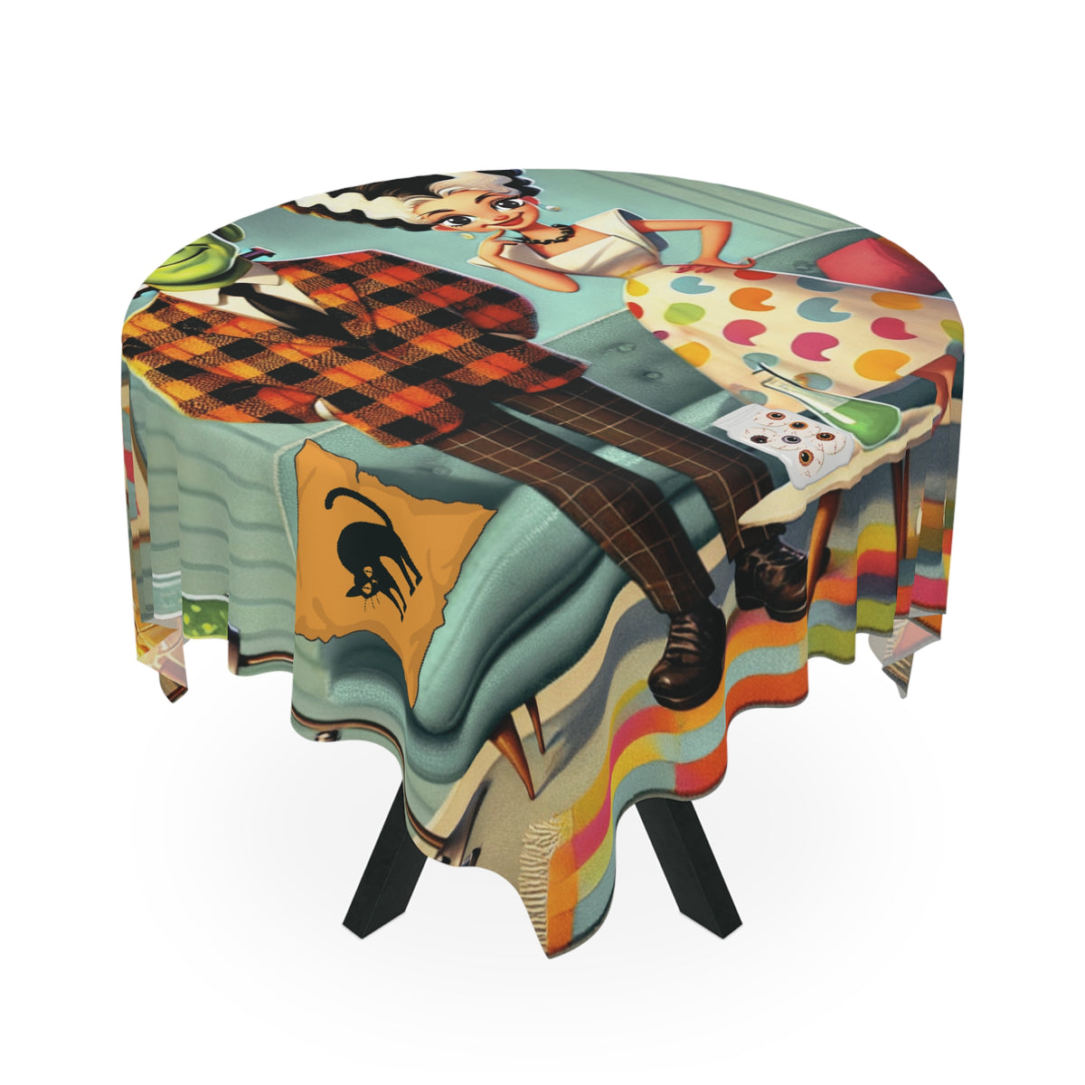 Frankestein And Bride Vintage Halloween Themed Tablecloth with Retro Monster Characters - Mid Century Modern Gal